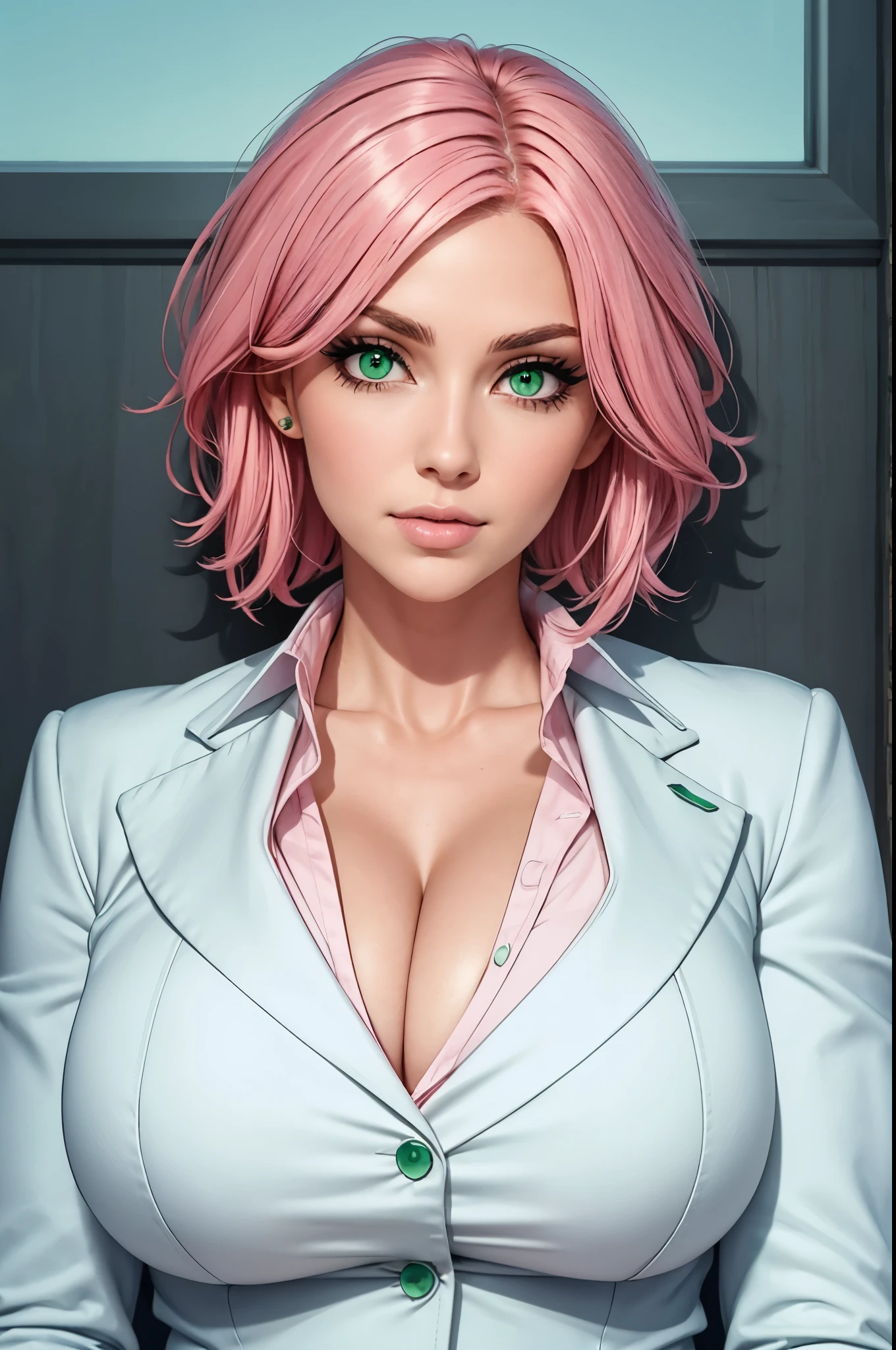 woman in a suit, short pink hair, green eyes, cleavage