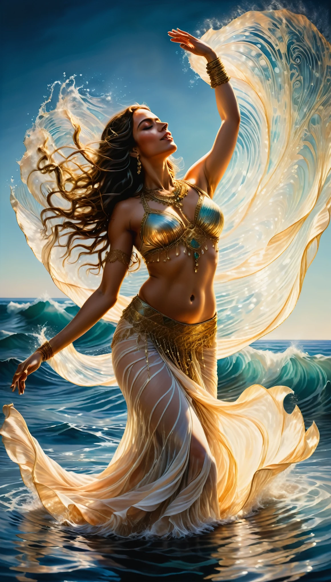 A realistic and detailed belly dancer gracefully performing on the shimmering surface of the tranquil sea, surrounded by gentle waves, leaving ripples in her wake.