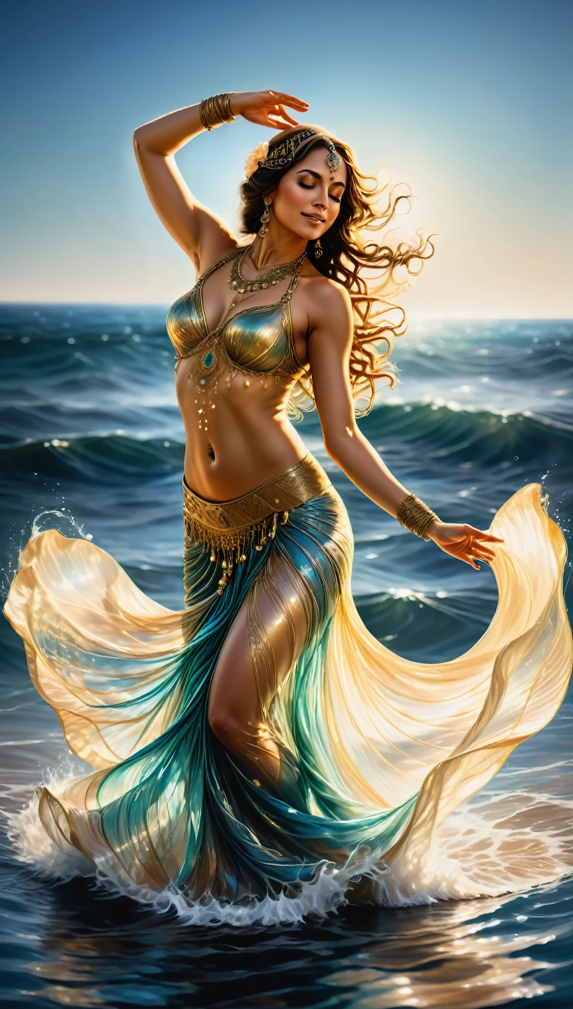 A realistic and detailed belly dancer gracefully performing on the shimmering surface of the tranquil sea, surrounded by gentle waves, leaving ripples in her wake.