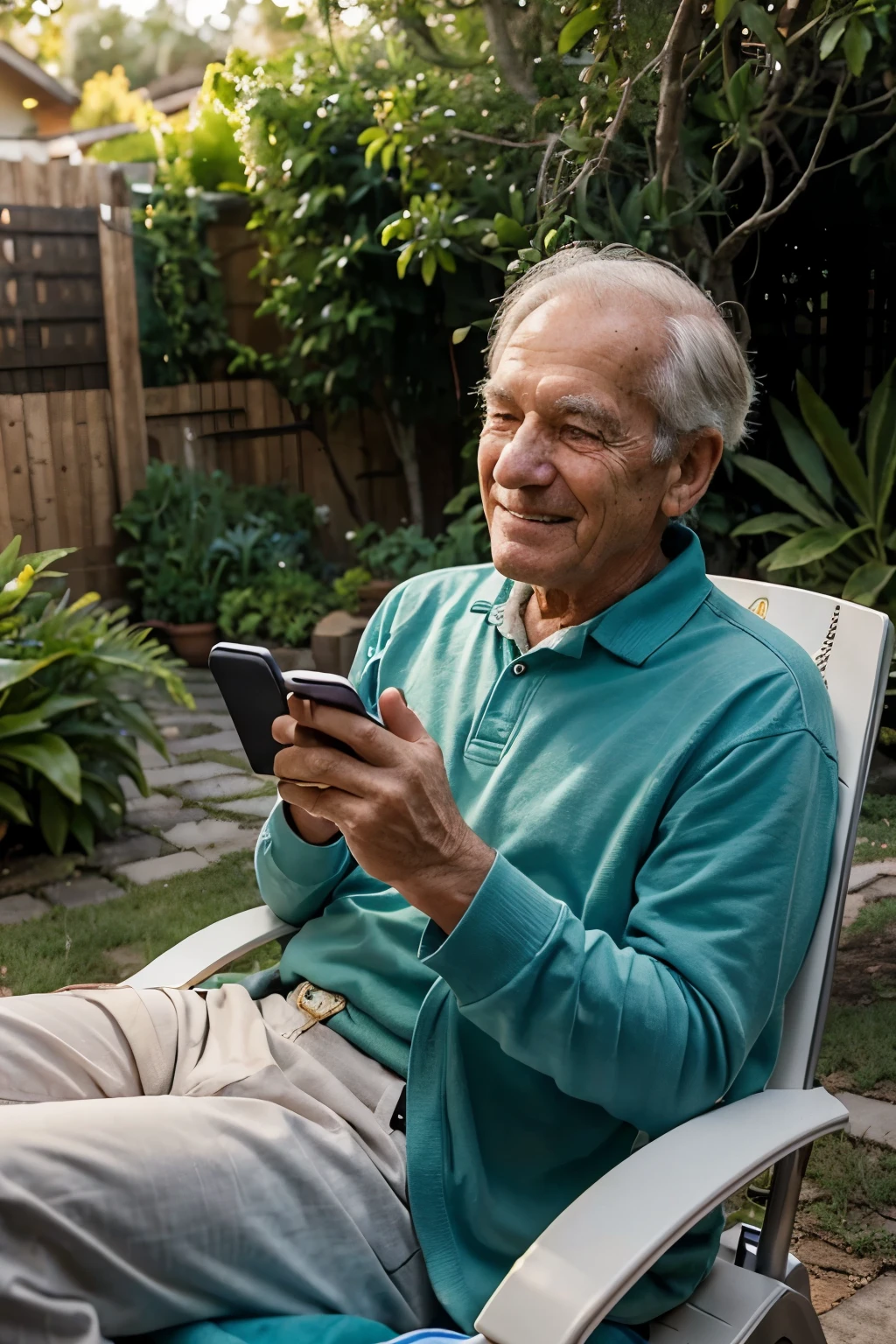 "A happy elderly man is sitting on a chair in his backyard, aproveitando o dia ensolarado enquanto usa seu smartphone. Your sunlit face is expressing joy and satisfaction, suggesting he is enjoying some interesting content or connecting with friends and family. The peaceful backyard setting, with green plants around and the blue sky in the background, complements the pleasant atmosphere of your outdoor tech activity."
