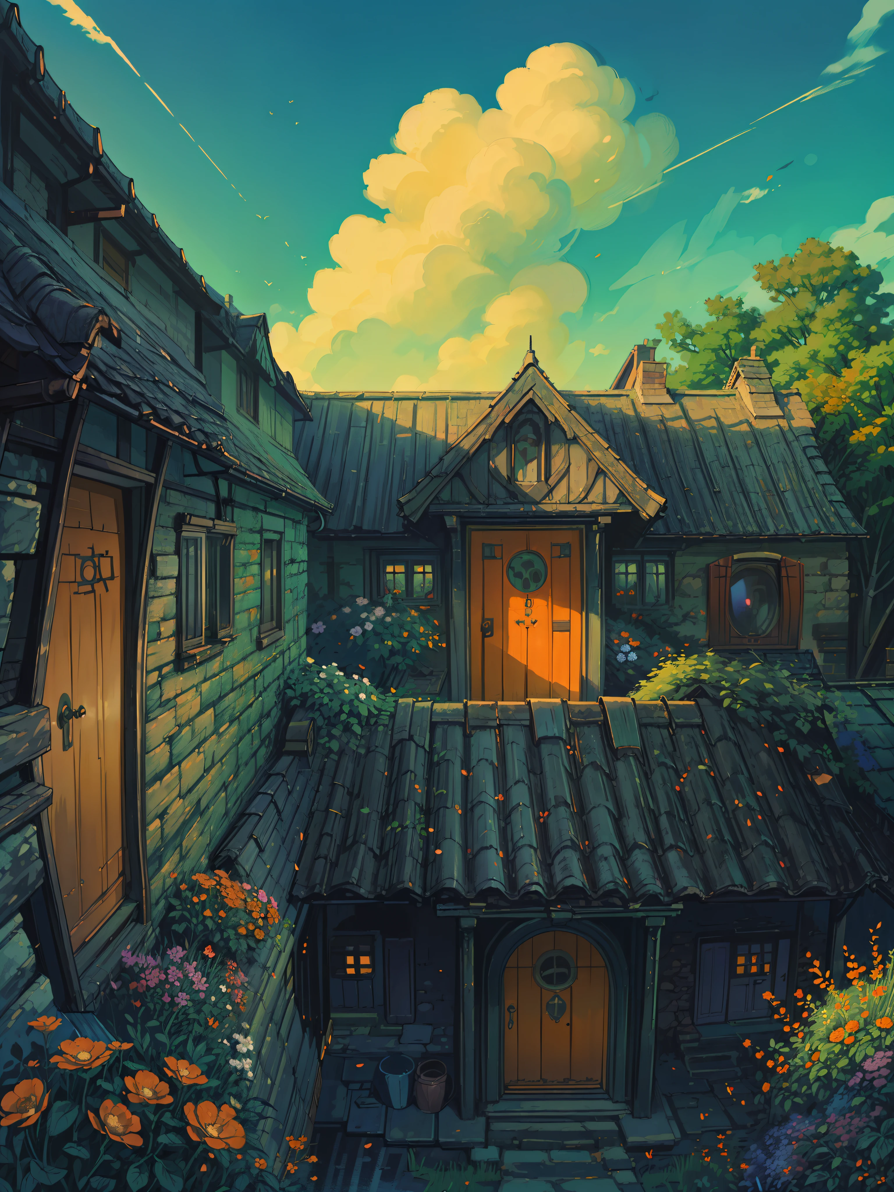 (masterpiece:1), (Hawk eye view:1.7), (front view of beautiful old slanted roof house:1.6), (stone roof:1.3), (big garden outside:1.5), (day time:1.5), silence, (blue cloudy sky:1.4), (big flower bushes:1.5), (soft glow of vibrant tones:1.4), (tree branches in foreground:1.5), magnificent sky, (volumetric light:1.2), peaceful, (greenery:1.4), (vibrant bright tones:1.5),(long grass:1.3), (stairs:1.3), (beautiful decorations:1.5), (cracked walls:1.4), (beautiful aesthetics:1.2), (orange door:1.5), beautiful tones, subtle colors, peaceful, (illustration: 1.0), epic composition, realistic lighting, (no human:1.6), HD details, masterpiece, best quality, ,