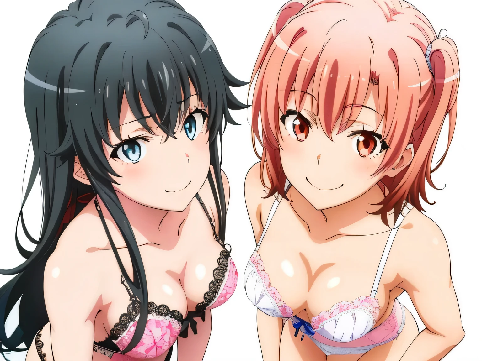 2 girls , Yukinoshita Yukino , yuigahama yui'バストとthighsは素晴らしいです,In underwear,,white panties,pink panties,thighs,knees,(high angle),beautiful eyes,open your mouth,smile,Insert your head