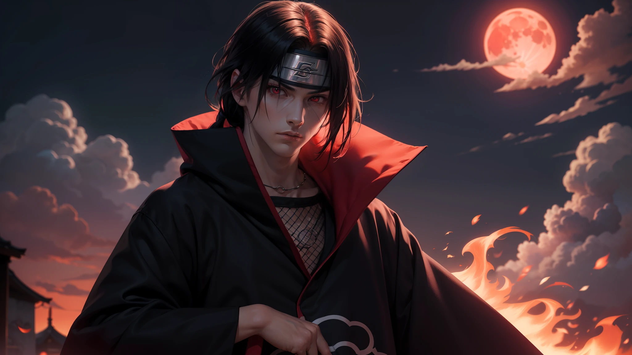 Masterpiece, high detailed, a young man covered in black cape with red cloud drawing or akatsuki robe from naruto, itachi uchiha, red eyes, upper body, shinobi, Konoha headband, red moon in the background, red theme, from naruto, long hair, covered in red flame