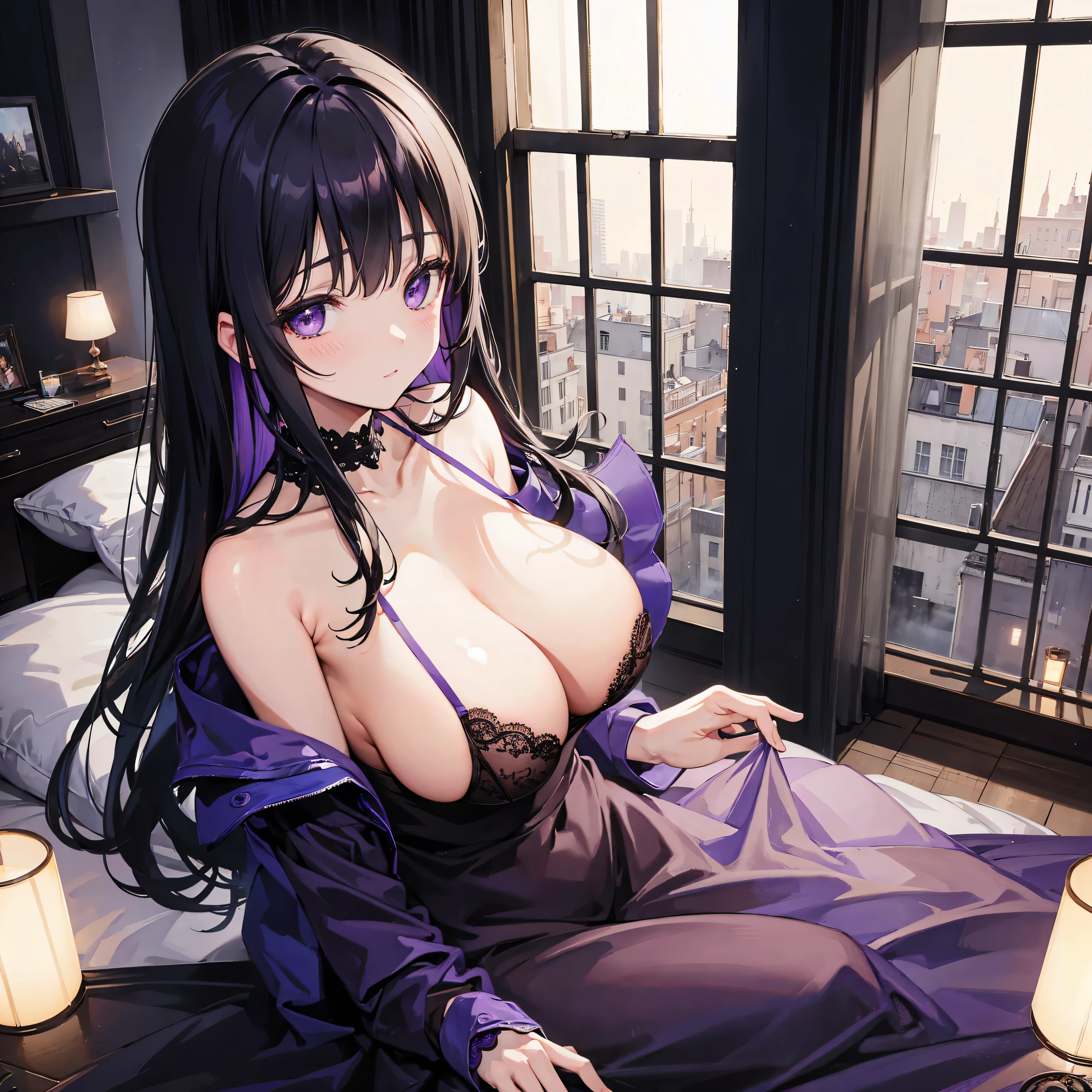 A dark-haired、huge tit、Masterpiece、high-level image quality、Official picture、solo、Bedrooms、Night view from the window、Purple lingerie