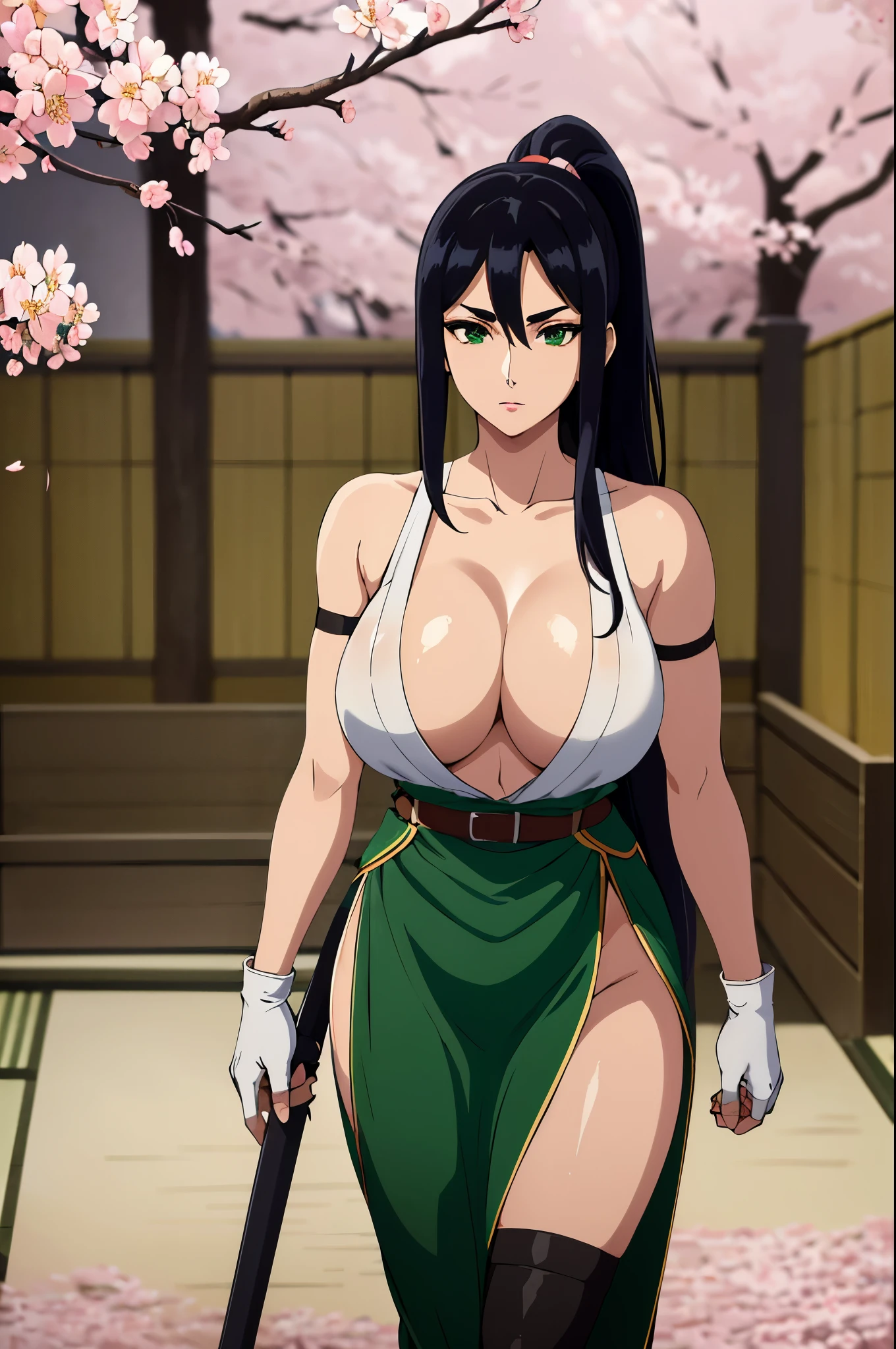 black hair,green eyes,(masterpiece, best quality, ultra detailed, absurdres:1.5), 1girl, (sexy, beautiful woman, perfect face, perfect eyes, perfect female body, large breasts:1.5), (Nariko_DG, very long hair, ponytail, gloves, Belt, armlet, jewelry, tube top, leg warmers, pelvic curtain, skirt, holding sword, ), (standing, outdoors, Japanese dojo in background, cherry blossoms), perfect lighting, smooth, hdr