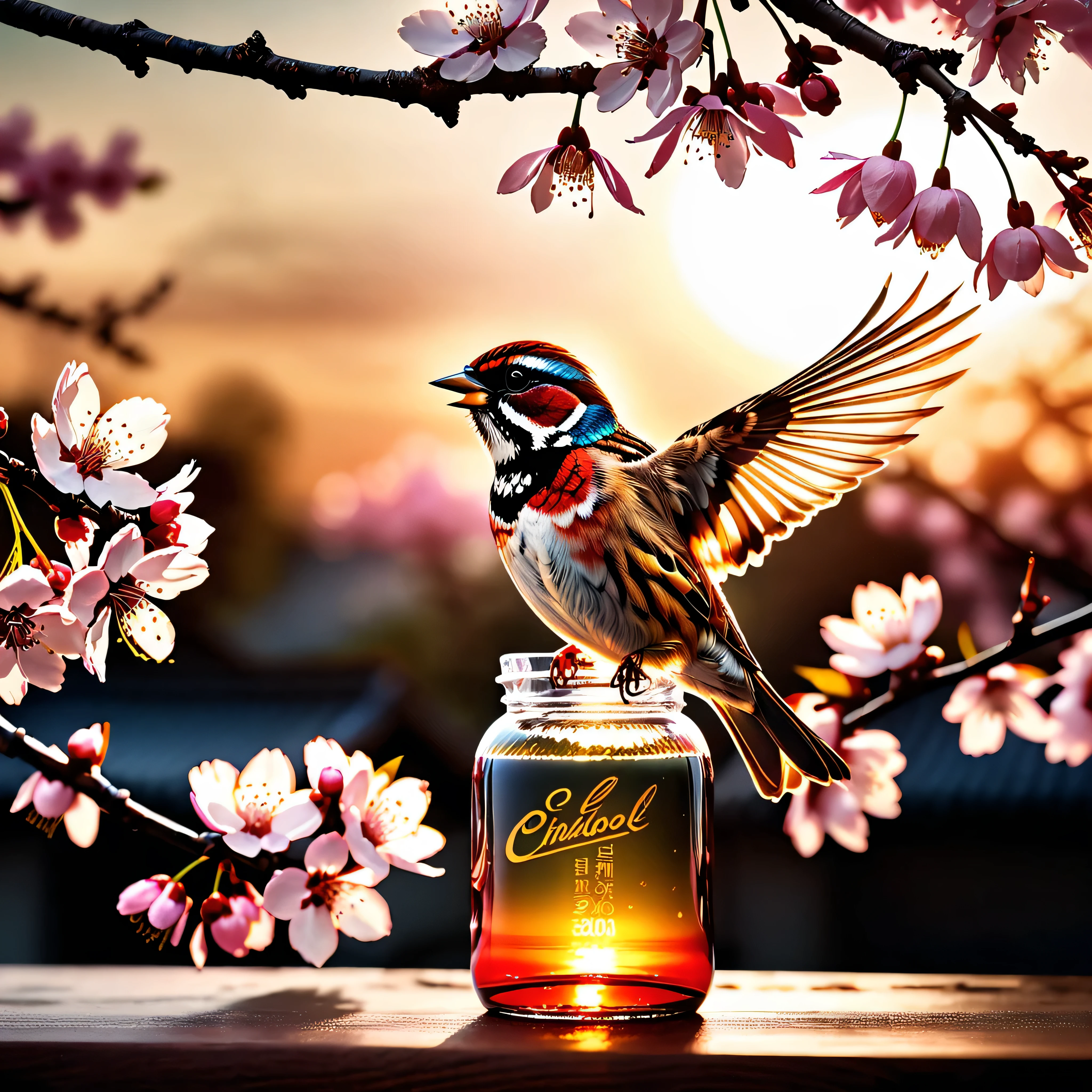 sunset "Sparrow bird with open wings spread upwards perched on a cherry blossom branch, top masterpiece of superior high-quality, officially beautiful art and aesthetics, realistic and detailed, yang08k." on sakura tree in a bottle, fluffy, atmospheric light refraction, by lee jeffries nikon d850 film stock photograph 4 kodak portra 400 camera f1.6 lens rich colors Ultra Professional Photo-Realistic epic lifelike texture dramatic lighting unrealengine5 trending on cinestill 800, Style-Glass, ((UnrealEngine5 epic tmasterpiece, ultra best quality, detailed, ultra sharp, ultra high-resolution, ultra high-definition, UHD, HDR, vibrant DSLR vivid)), colorful lighting, reflection, varies multi etc. --v6 --s1000 --c20 --q5 --chaos100