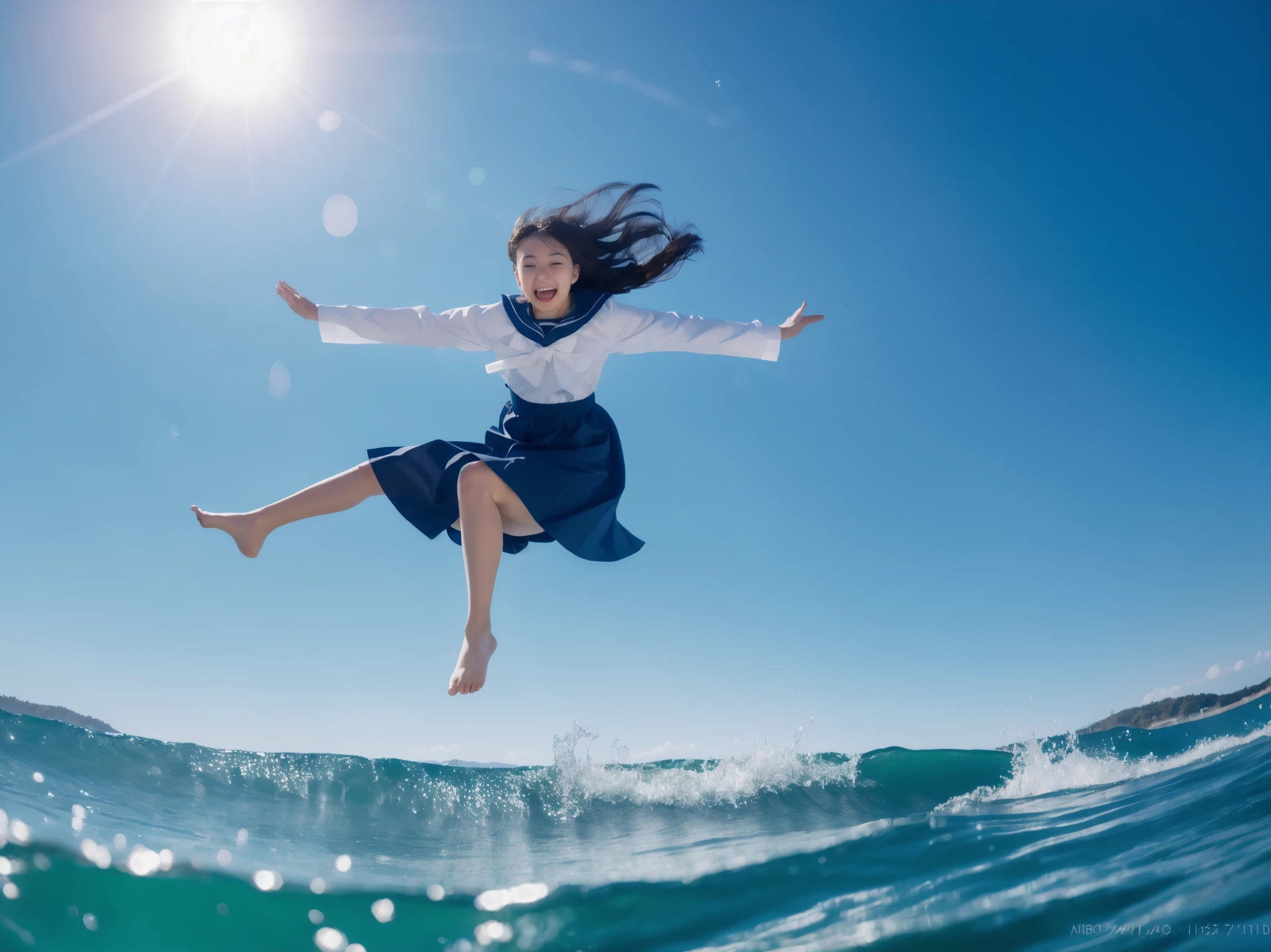 masterpiece, 8K quality, High definition, realistic pictures, professional writing, There is a woman jumping in the air from underwater to the sky., ((A pose that looks like dancing with the face facing upwards)), face upwards, dance in the air,artistic swimming, jump towards the viewer, jump towards viewer, she is floating in the air, jump into the air, jump on the audience, jump, jump with arms up, floating in the air, floating on the ground, Jump for joy, jump pose, horizontally jump!!!, wearing a sailor suit, high school girl,((Big wave crashing down)), ((Splashes of water splashing from the body)), Clear blue sky and white clouds, Sunlight flares