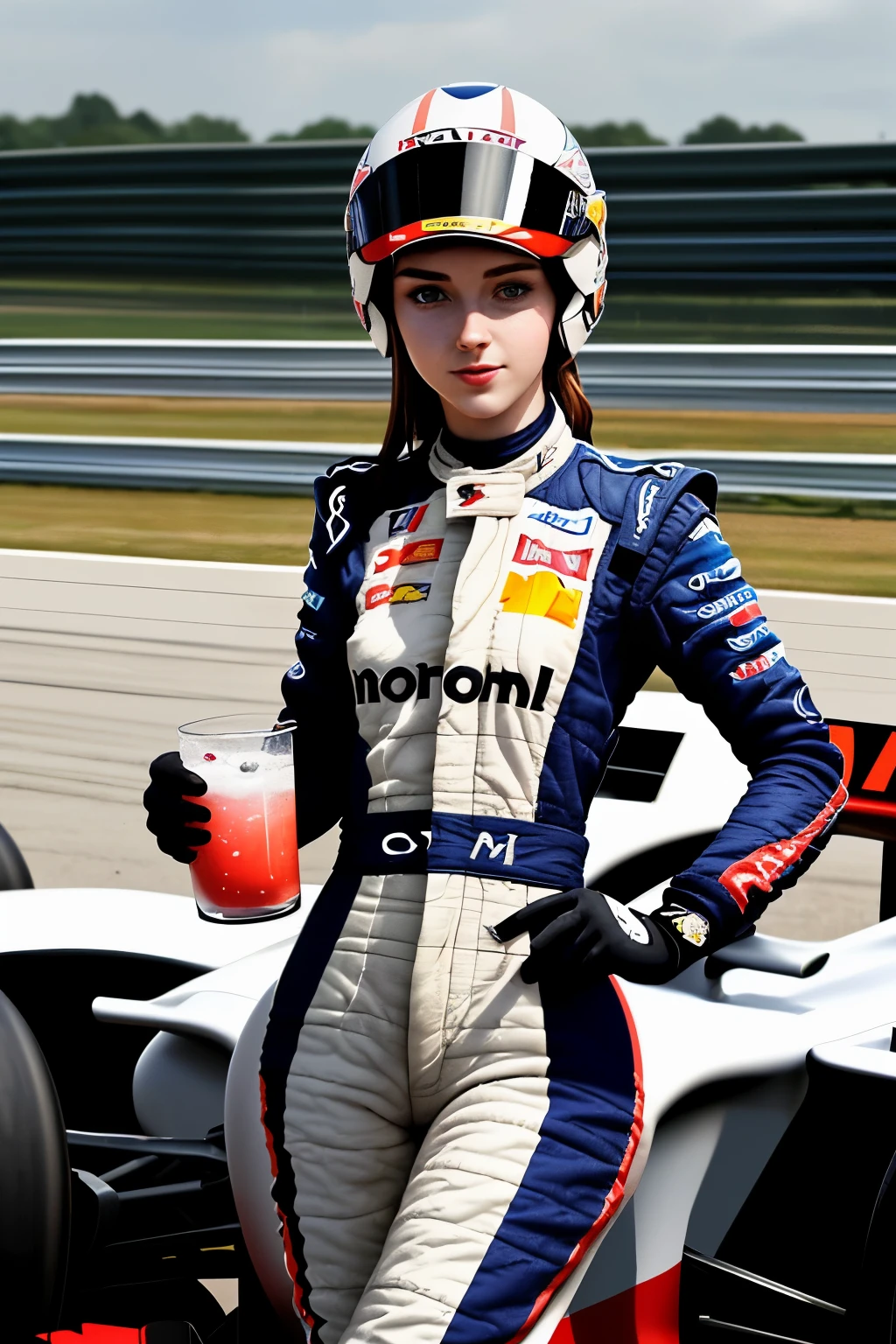 ((Mejor calidad)), ((obra maestra)), (detallado), cara perfecta "Design an image of a young racing driver, Inspired by anime style but with more human and realistic characteristics. The girl must look confident and charismatic, dressed in a Formula 1 driver&#39;s suit and holding a helmet under her arm. En su mano, debe llevar un vaso de soda saborizada. The background must represent a racing circuit full of excitement and speed, with Formula 1 cars racing around them. The lighting should highlight the determination in the girl&#39;s eyes and create an attractive and captivating atmosphere.. The image must be convincing enough to attract passers-by and motivate them to take photos with it."
