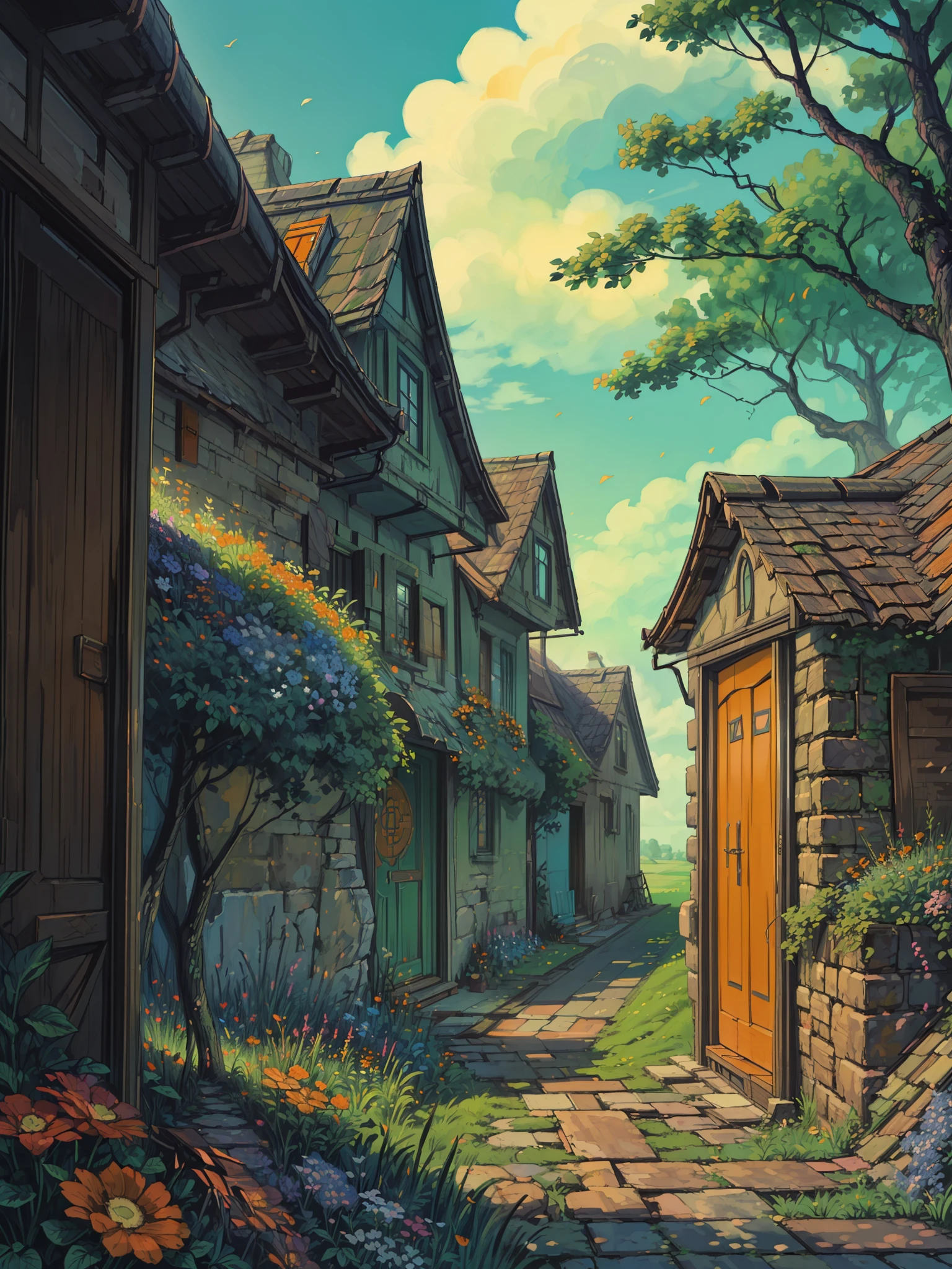 (masterpiece:1), (Hawk eye view:1.7), (a garden with old slanted roof house:1.6), (stone roof:1.3), (big garden outside:1.5), (day time:1.5), silence, (blue cloudy sky:1.4), (big flower bushes:1.5), (soft glow of vibrant tones:1.4), (tree branches in foreground:1.5), magnificent sky, (volumetric light:1.2), peaceful, (greenery:1.4), (vibrant bright tones:1.5),(long grass:1.3), (stairs:1.3), (beautiful decorations:1.5), (cracked walls:1.4), (beautiful aesthetics:1.2), (orange door:1.5), beautiful tones, subtle colors, peaceful, (illustration: 1.0), epic composition, realistic lighting, (no human:1.6), HD details, masterpiece, best quality, ,