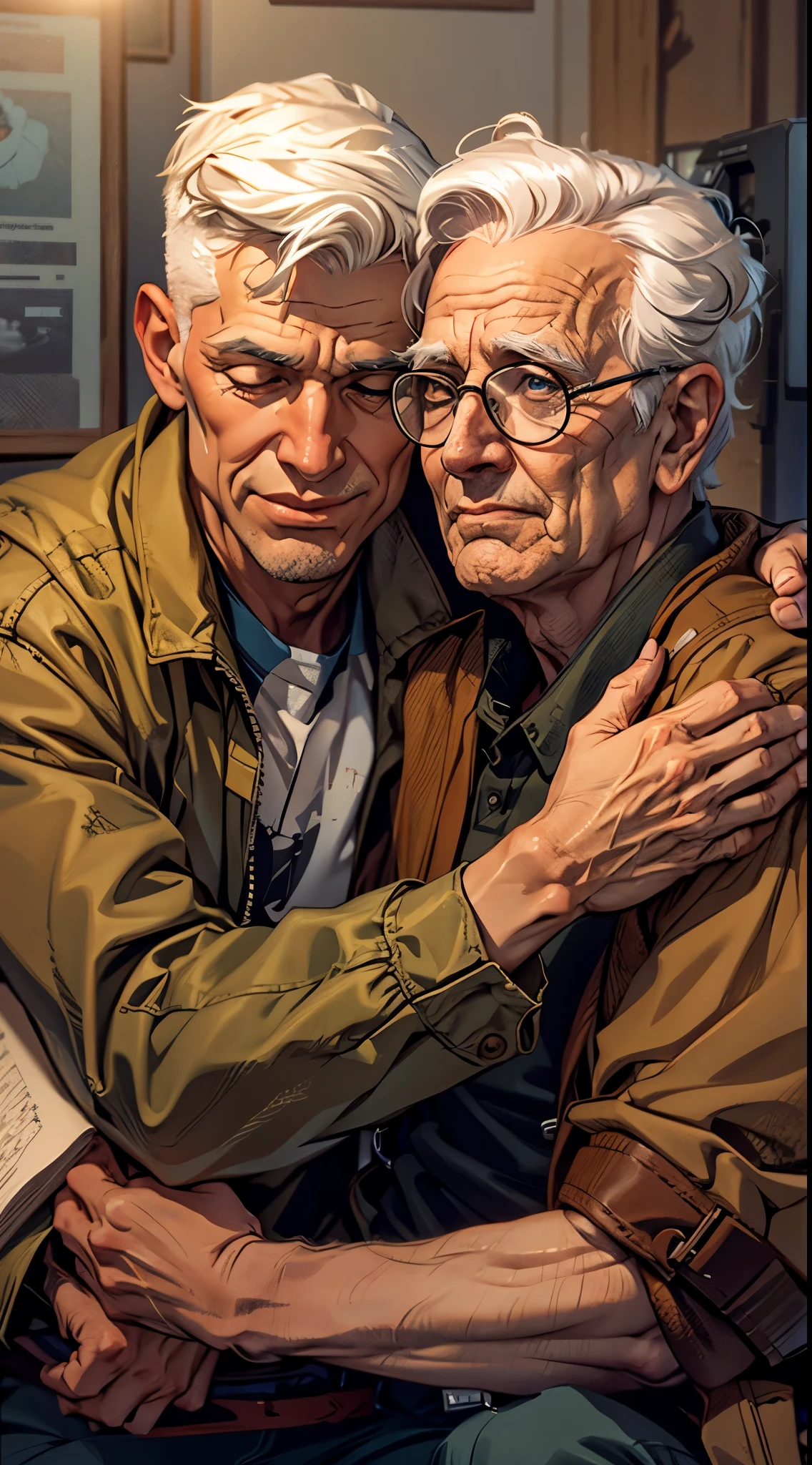 An older man with white hair and glasses is hugging a younger man, 4K, unreal engine rendering