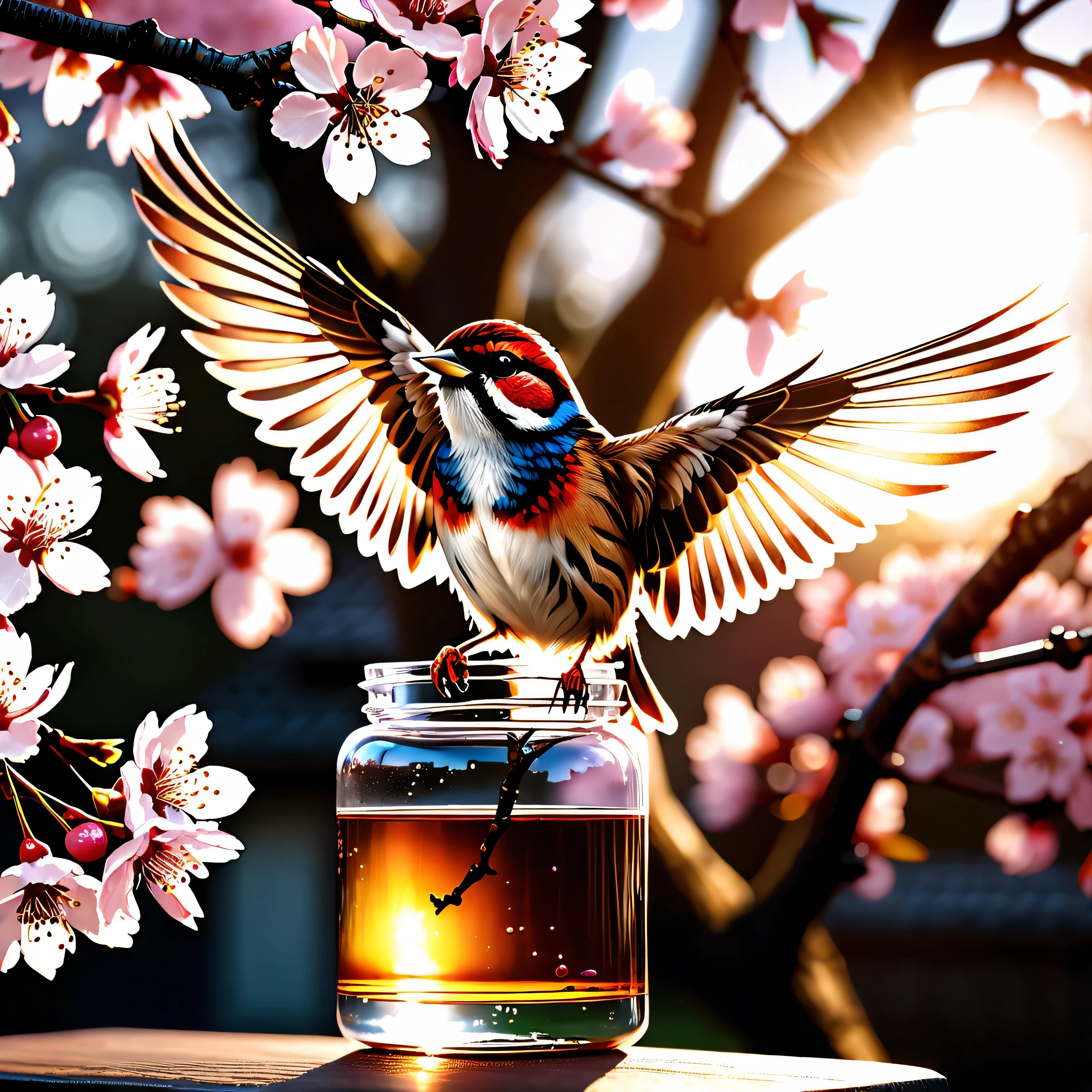 sunset "Sparrow bird with open wings spread upwards perched on a cherry blossom branch, top masterpiece of superior high-quality, officially beautiful art and aesthetics, realistic and detailed, yang08k." on sakura tree in a bottle, fluffy, atmospheric light refraction, by lee jeffries nikon d850 film stock photograph 4 kodak portra 400 camera f1.6 lens rich colors Ultra Professional Photo-Realistic epic lifelike texture dramatic lighting unrealengine5 trending on cinestill 800, Style-Glass, ((UnrealEngine5 epic tmasterpiece, ultra best quality, detailed, ultra sharp, ultra high-resolution, ultra high-definition, UHD, HDR, vibrant DSLR vivid)), colorful lighting, reflection, varies multi etc. --v6 --s1000 --c20 --q5 --chaos100