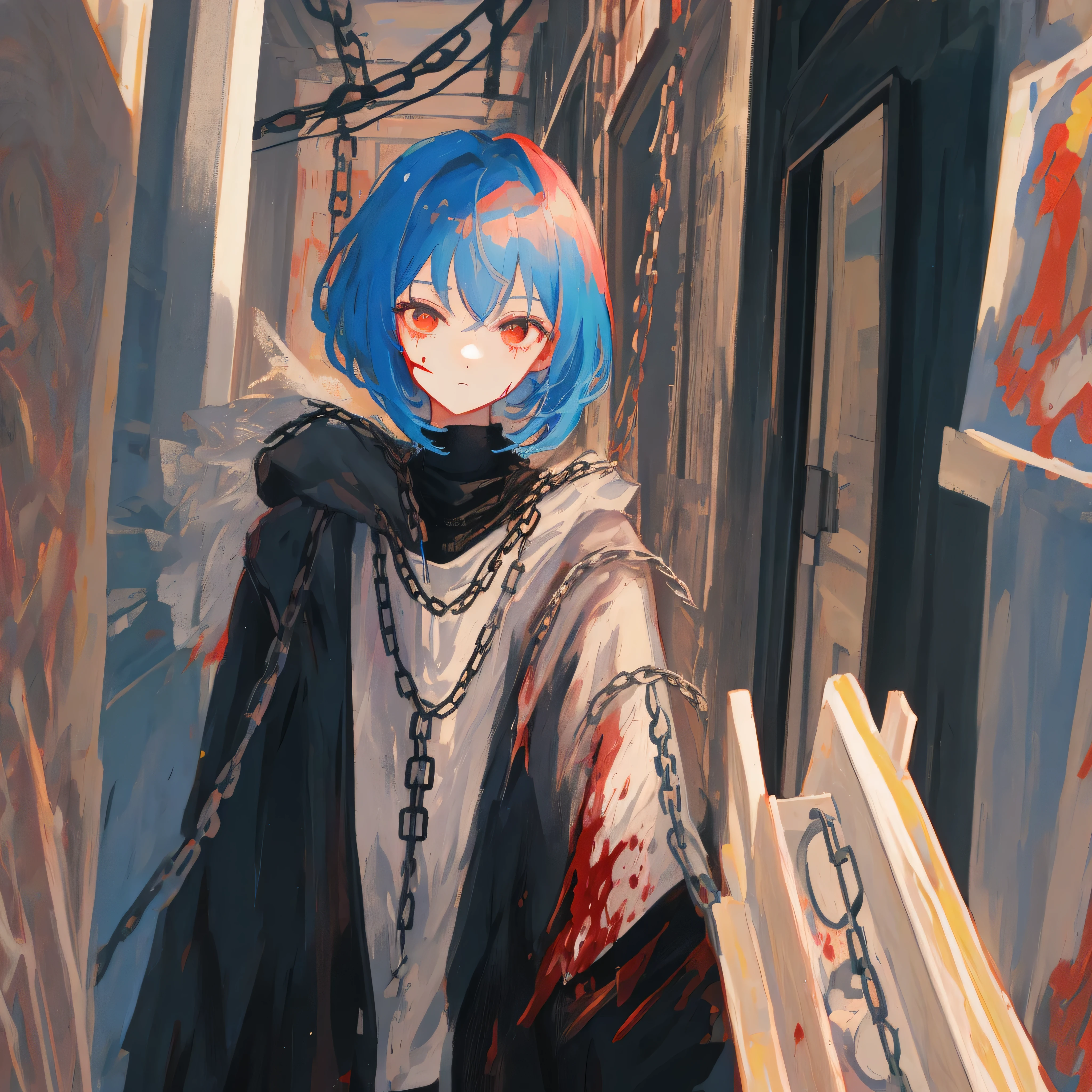 chef-d'artwork, 1 fille, haut du corps, regarde le spectateur, deux tableaux, To L'interior, les yeux rouges, sang, Cheveux bleu layette, chains , beaucoup de détails