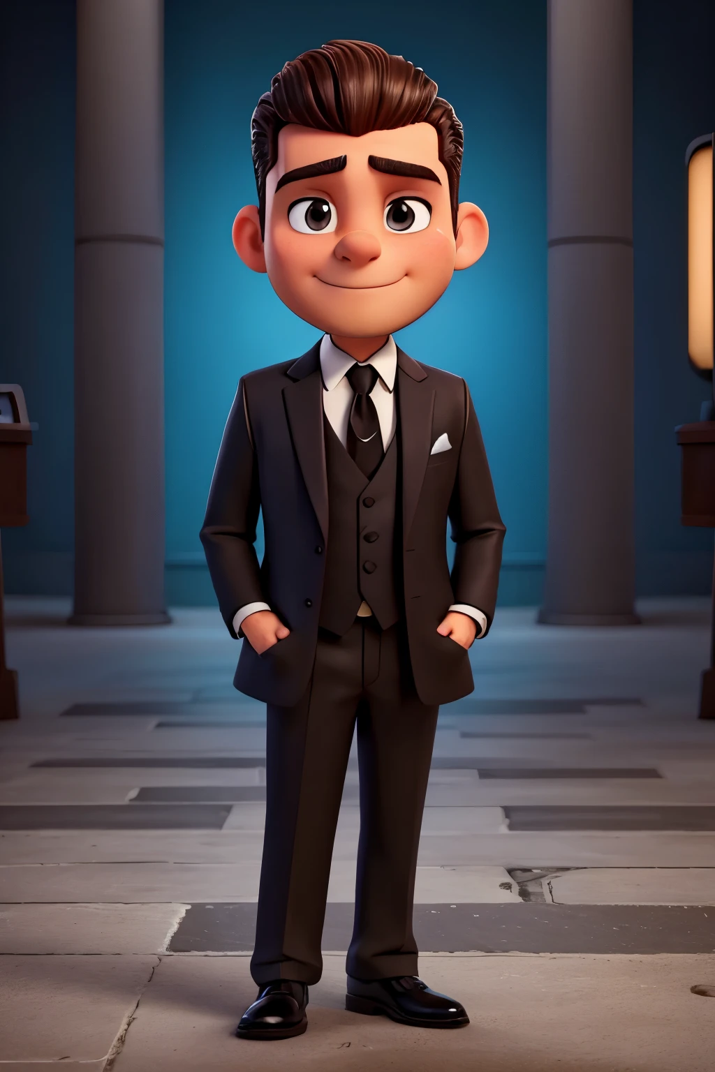 Adult man in black suit and tie standing with arms crossed, com barba stubble beard, chubby body, news reporter, evans rico, foco nos olhos ,retrato promocional, foto jornalista, Street Reporter, entrevista, fundo desfocado, profissional, High Quality, short dark brown hair classic pompadour, sorrindo, high ilumination. retroiluminado, close up 2.0