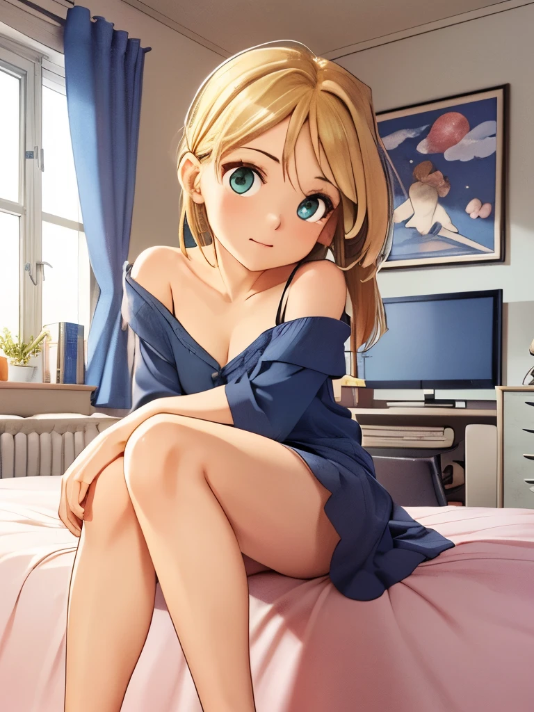 best quality,HDR,UHD,8K,Vivid Colors,solo,front view,photo_(medium),(looking at viewer:1.2),(1girl:1.3),medium hair,(bedroom:1.5),(sitting:1.5),furniture,night sky,
winry rockbell,