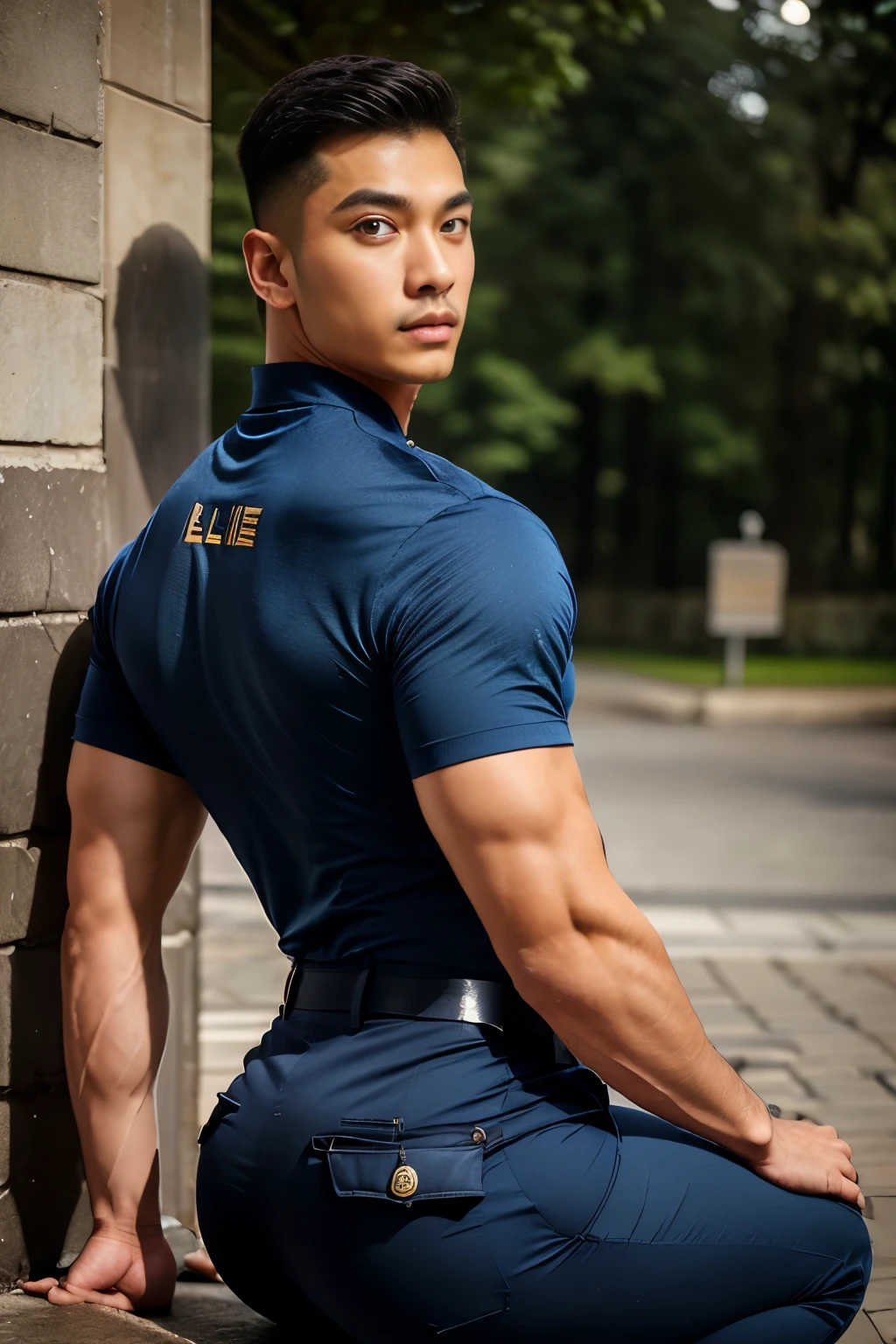 20-year-old boy ,Korean male officer ,Thin mustache...,handsome ,Wear long sleeve police uniform shirt...............,beige dark blue tight trousers, ,((unrealistic super big tight butt wearing pants))............................. Black boots and dark navy gloves.,sit on the ground , His legs spread apart sitting on the ground................................, Police Logo ,tight breasts ,Muscle Man , ((The arm muscles are very large...................)) ,large , Wide shoulders ,open legs, head turn slightly to looking back to the camera, rear shot.......................................... high angle looking down...............,Sexually suggestive, (Dynamic Poses:1.1) , thights , (Embossed Focus:1.2),On your knees........................., empty toilet cubicle at night, Best qualtiy , Wide lens from far ,deep depth of field ,Bokeh background