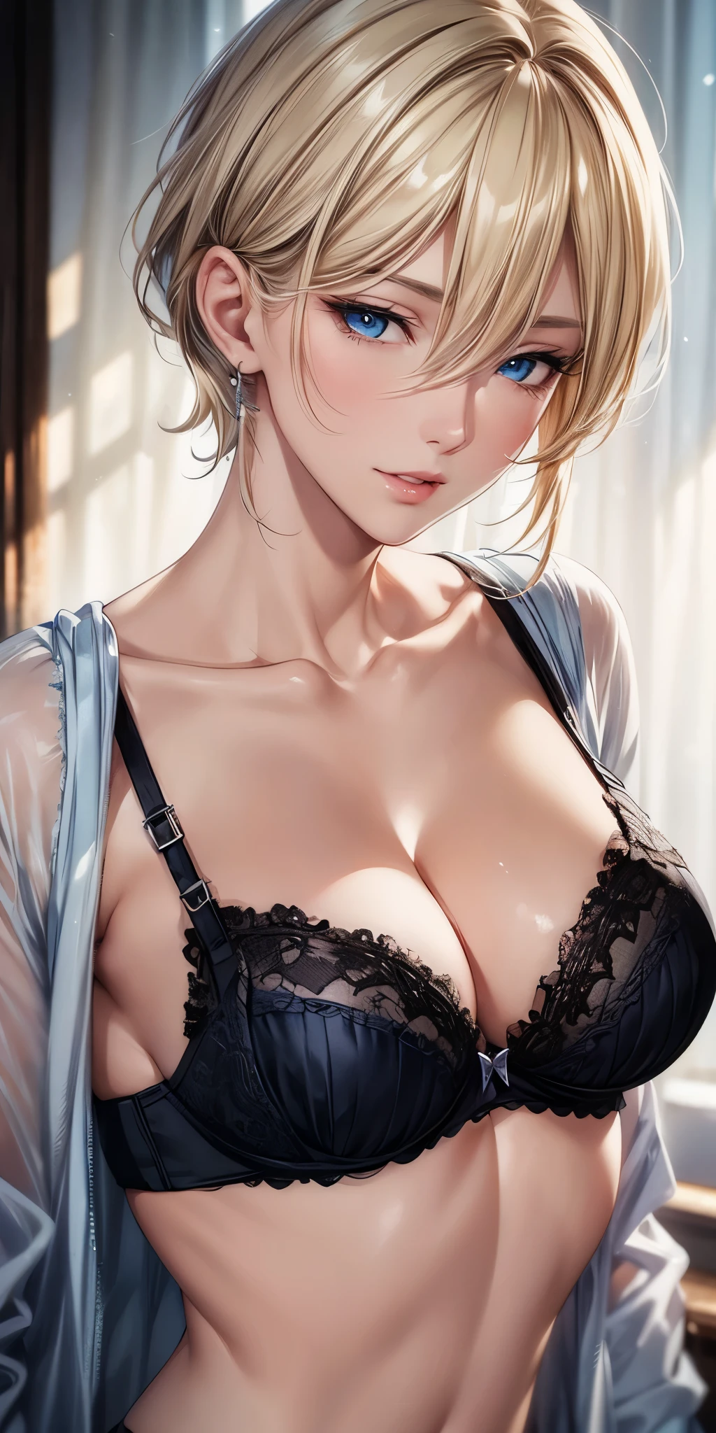 portrait, realistic, elegant mature woman, blue eyes, blonde hair, 4k resolution, ultra detailed cg, beautiful cg, soft light