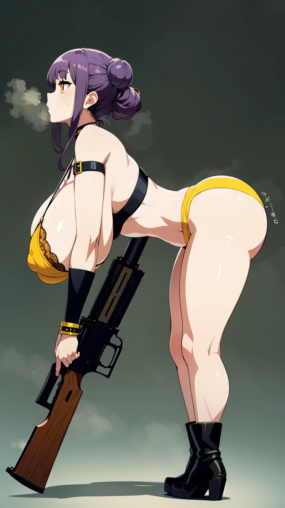 Slime girl, (slime), Slime hair Double buns hair style, Pumpkin Orange, weapon belt, Masterpiece, Best Quality, gigantic breasts, slime girl, slime girl, purple hair, lavender hair, yellow clothes, weapon belt around waistline, rifle, long rifle, AR-15 Rifle, assault rifle, exposed yellow bra, yellow clothing, wearing yellow clothing, fully body view, tight yellow dress, Rifle in hand, mature woman, gorgeous, perverted, sexy, yellow dress, exposed chest, exposed bra, exposed breast, black boots/heels, gold bracelets around wrist, holding rifle, aiming with rifle, tactical stance, tactical gear, sweaty body, long legs, tall woman, lustful yellow eyes, yellow lingerie, bent over position, bending over,