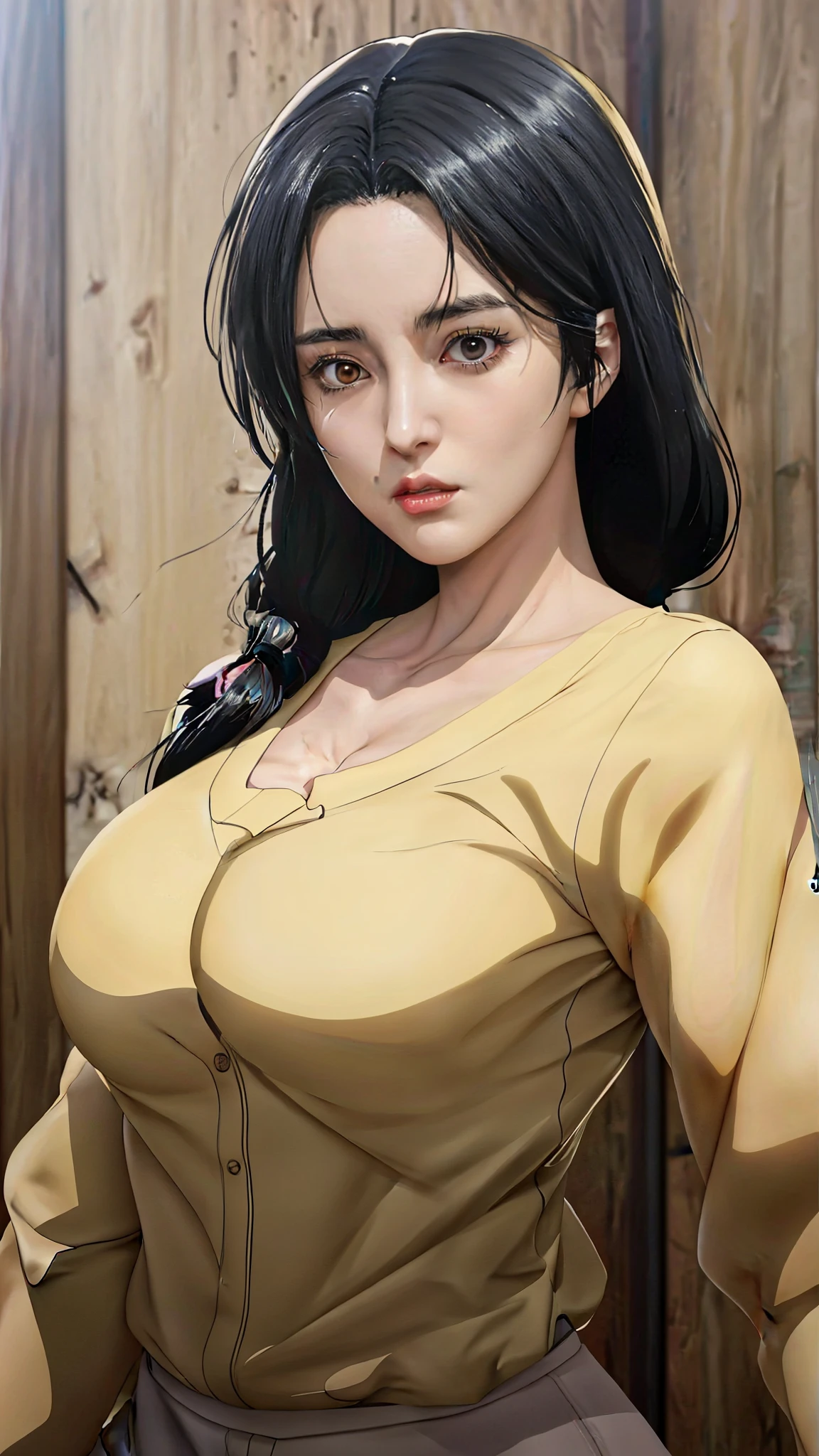 anime girl with big breast and long black hair in yellow shirt, Carla Yeager, range murata and artgerm, [ 4 k digital art ]!!, made with anime painter studio, smooth anime cg art, painted in anime painter studio, seductive anime girl, realistic anime artstyle, beautiful alluring anime woman, realistic shaded perfect body, faye valentine, detailed digital anime art