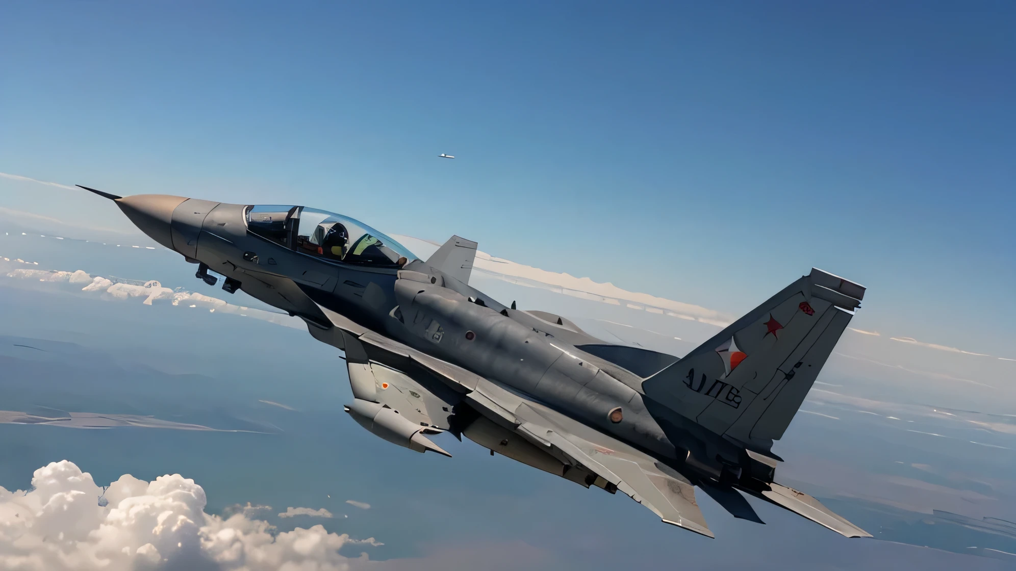 a close picture of a soldier driving a military jet in the sky.