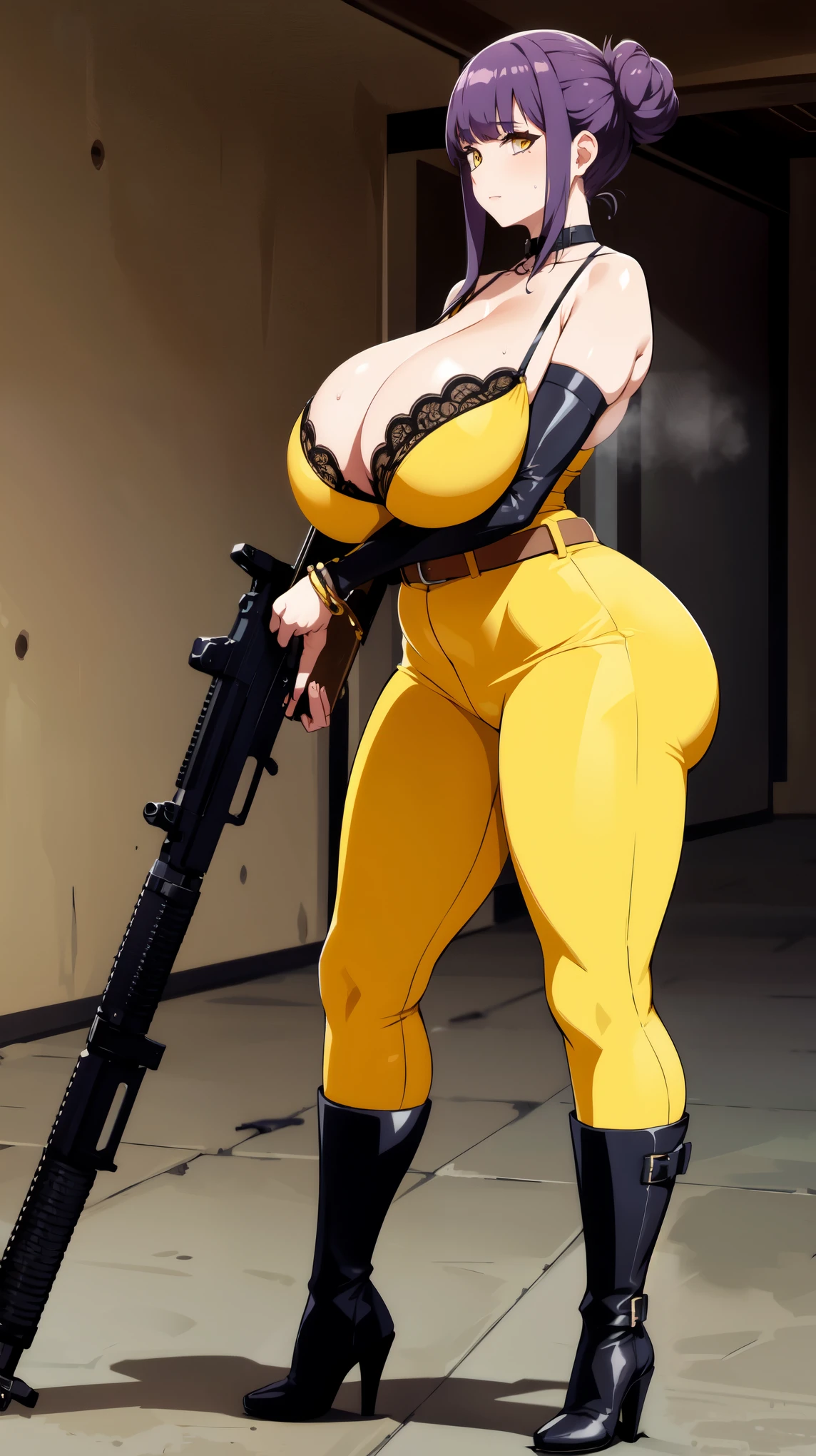 Slime girl, (slime), Slime hair Double buns hair style, Pumpkin Orange, weapon belt, Masterpiece, Best Quality, gigantic breasts, slime girl, slime girl, purple hair, lavender hair, yellow clothes, weapon belt around waistline, rifle, long rifle, AR-15 Rifle, assault rifle, exposed yellow bra, yellow clothing, wearing yellow clothing, fully body view, tight yellow dress, Rifle in hand, mature woman, gorgeous, perverted, sexy, yellow dress, exposed chest, exposed bra, exposed breast, black boots/heels, gold bracelets around wrist, holding rifle, aiming with rifle, tactical stance, tactical gear, sweaty body, long legs, tall woman, lustful yellow eyes, yellow lingerie, huge breasts, plump soft breasts, jiggling breasts