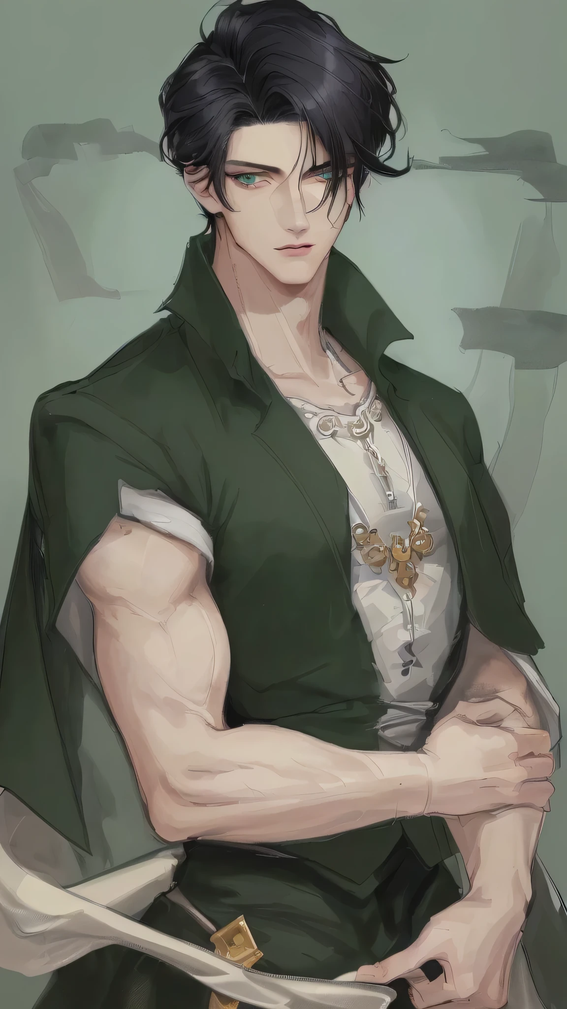 Perfect painting on canvas, Top quality, very high resolution, good looking 1 male, long nose, short hair, black hair color, evening green eye color, middle parted hairstyle, firm gaze, perfect face, Good looking, handsome, not too muscular, mature face.