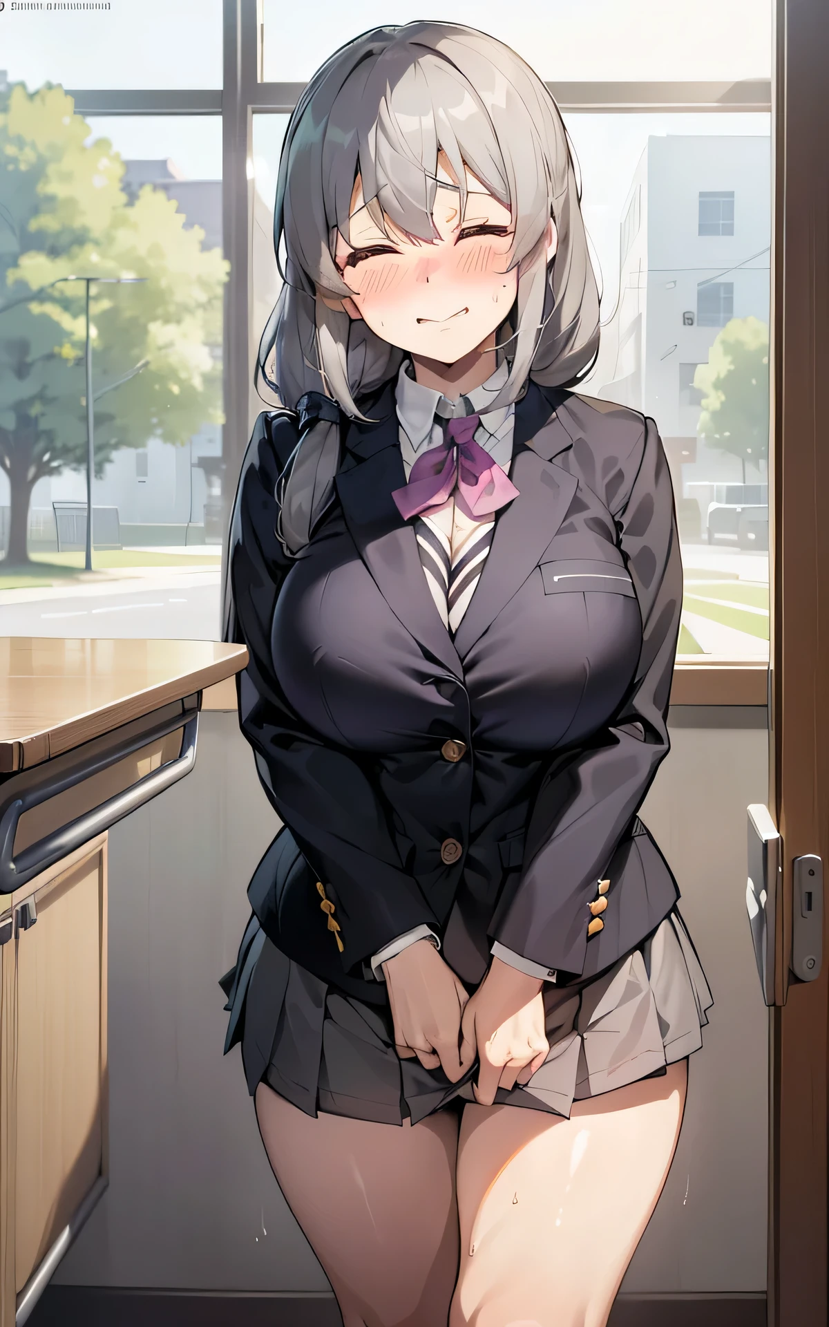 absurderes:1.8, ((school:1.2)), (nsfw), (school uniform:1.2, blazer:1.4)、(milf、grey hair, very long hair to one side:1.4,), Unity 8K Wallpaper, Masterpiece, detailed hair, highly detailed, ((Tsuki uzaki, closed eyes, big breasts、socks)), ( light smile, embarrassed、blush:1.3)
