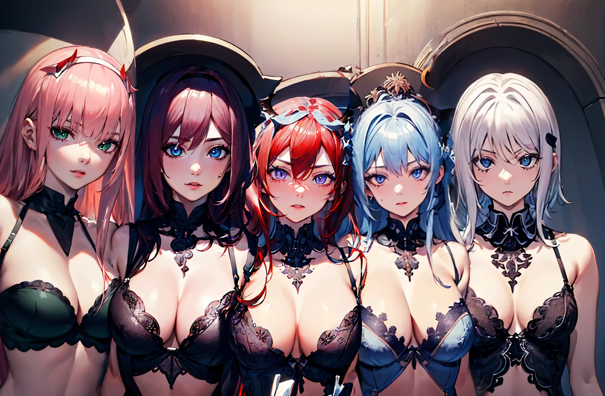 (masterpiece:1.2), best quality, high resolution, unity 8k wallpaper, (illustration:0.8), (beautiful detailed eyes:1.6), extremely detailed face, perfect lighting, extremely detailed CG, (perfect hands, perfect anatomy),lingerie, medium breasts,dark background, 1girl, surtr_arknights,(((red hair:1.5))),