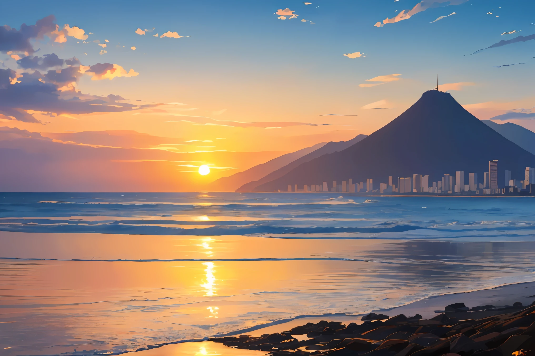 ((masterpiece, best quality, ultra detailed, very fine 8KCG wallpapers, absurdres, highres, high resolution)), landscape painting, Yokohama, bay shore, shore of Yokohama bay, Fuji mountain in the distance, first sunrise, sunrise sky, the morning sun illuminating the horizon,Rio de Janeiro,Brazil,Brazil beach,