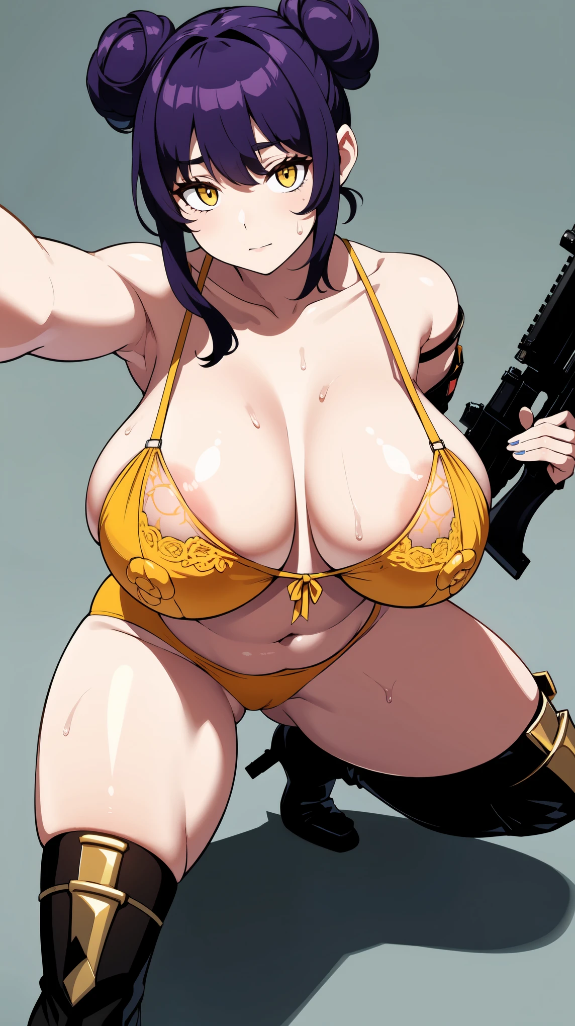 Slime girl, (slime), Slime hair Double buns hair style, Pumpkin Orange, weapon belt, Masterpiece, Best Quality, gigantic breasts, slime girl, slime girl, purple hair, lavender hair, yellow clothes, weapon belt around waistline, rifle, long rifle, AR-15 Rifle, assault rifle, exposed yellow bra, yellow clothing, wearing yellow clothing, fully body view, tight yellow dress, Rifle in hand, mature woman, gorgeous, perverted, sexy, yellow dress, exposed chest, exposed bra, exposed breast, black boots/heels, gold bracelets around wrist, holding rifle, aiming with rifle, tactical stance, tactical gear, sweaty body, long legs, tall woman, lustful yellow eyes, yellow lingerie ,plump soft breasts , upward view, chubby