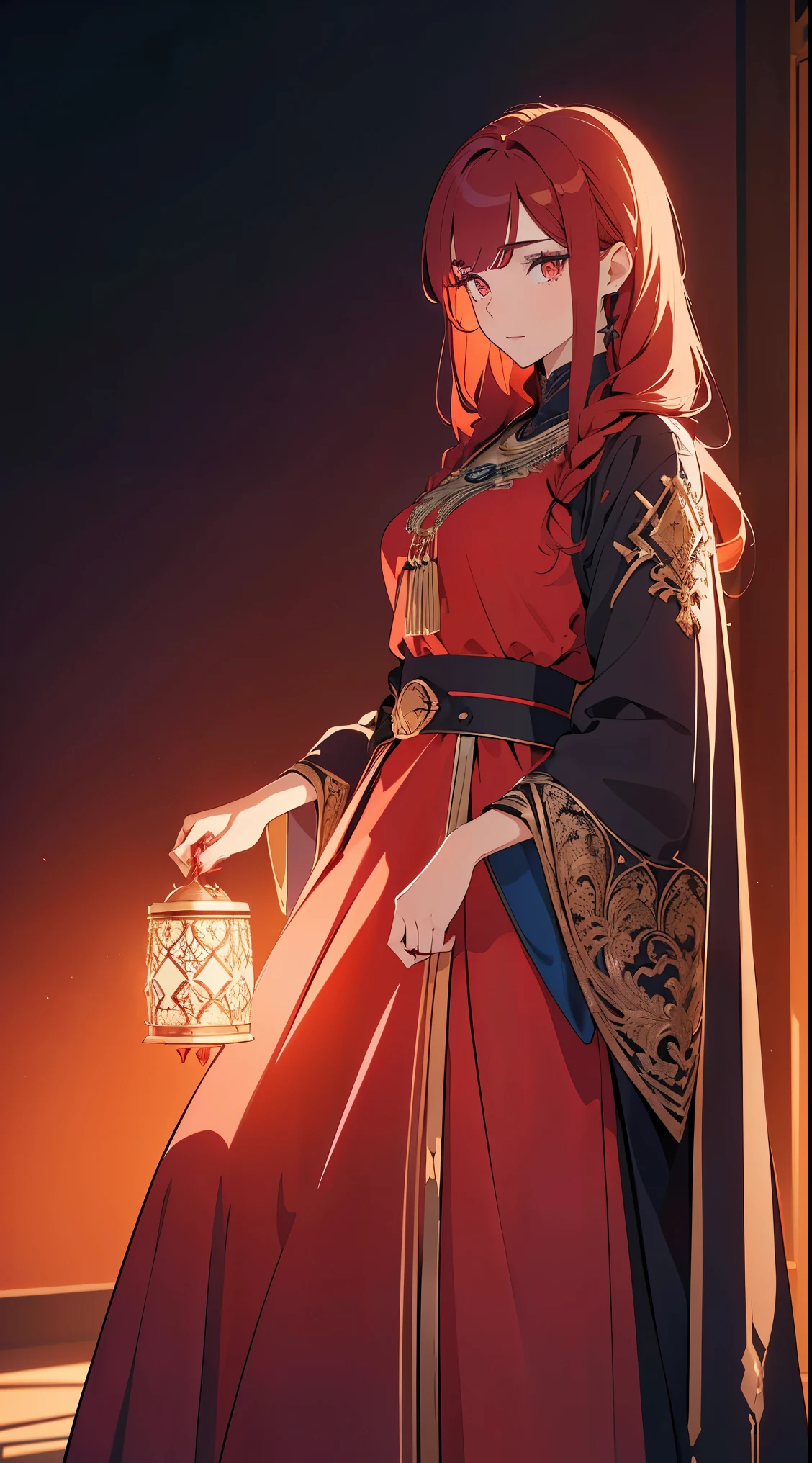 Girl1,(red long hair,High cake hairstyle, red eyes,Long eyelashes),(blue light eye shadow),full body, (red Arabic abaya dress,Gold waist belt),(Highly detailed CG,module,8K wallpapers)،(Highest quality, high resolution, beautiful lighting, realistic shadow, high resolution)،(Detailed skin, highly detailed, detailed faces and eyes, realistic eyes)