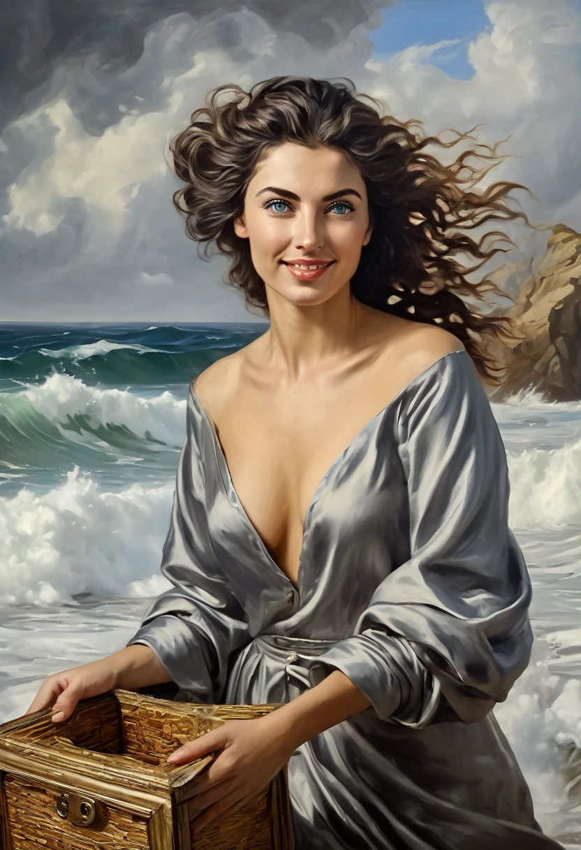 Oil paints，acrycle painting，masterpiece，Renaissance style，(Masterpiece, Top quality, Best quality, offcial art, Beautiful and aesthetic:1.2), close view of full body nude young belgian woman, in erotic pose , hairy intimate hairstyle pubic , background ocean waves with foam, thunderclouds, lightnings