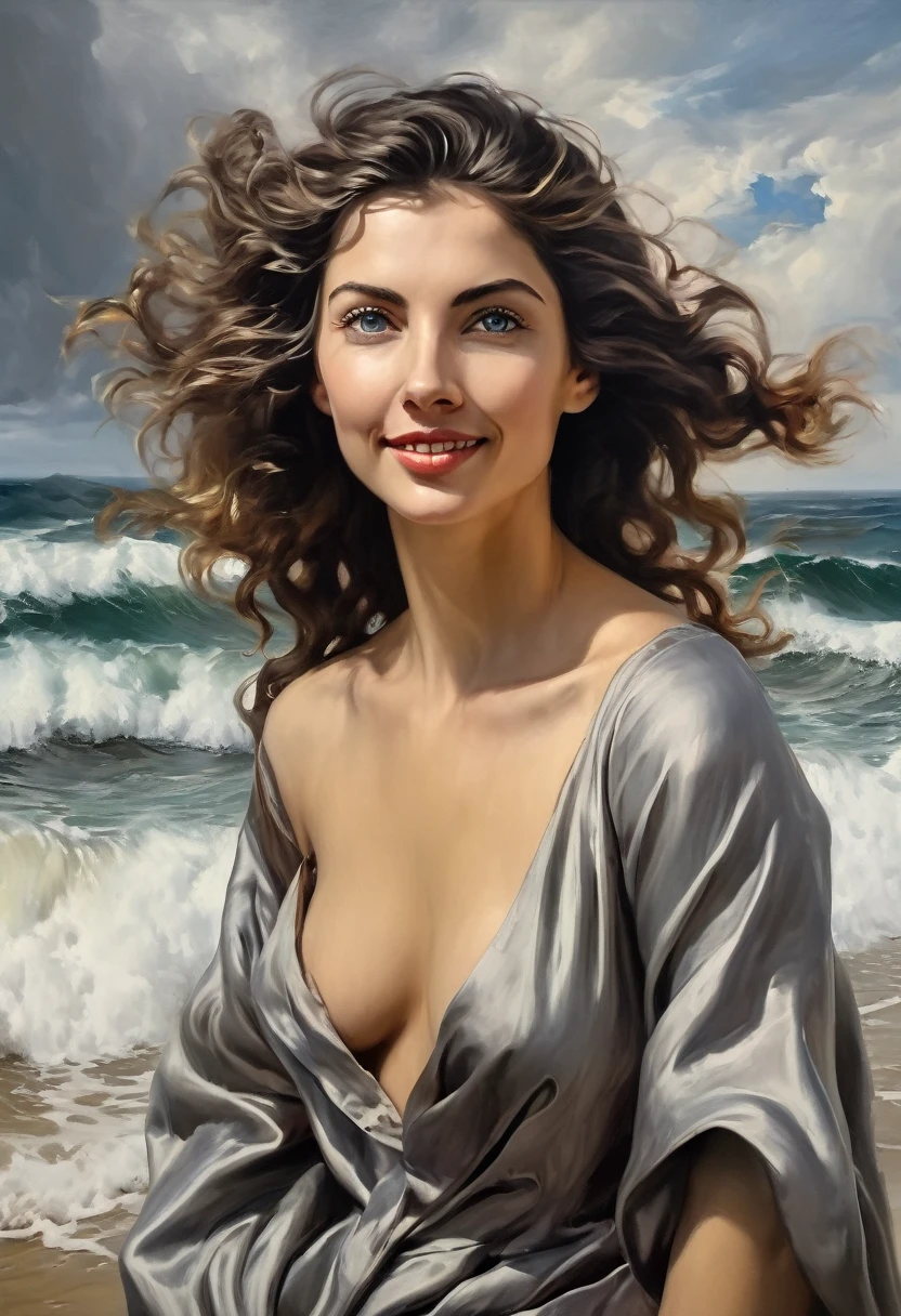 (oil [expressiomism: baroque: 0.1]  painting :1.6)  of  @alexmd  (nacked:1.6)  woman ( hands over small round chest  :1.9) ([gray: light blue: 0.6] eyes:1.5),   looking at camera [smile : short smile: 0.6],  nature background, ocean beach , giant waves with foam , birds, storm