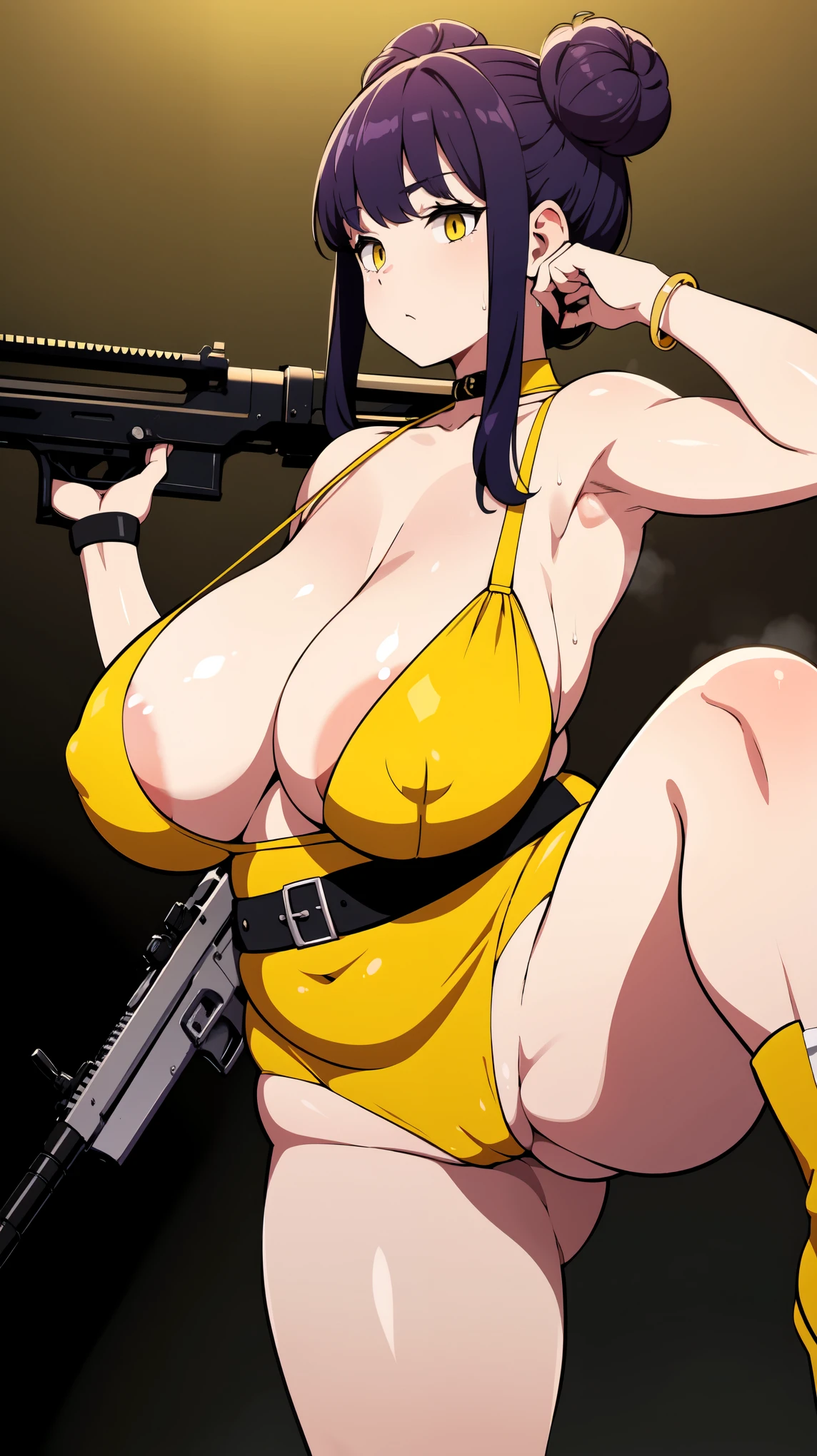 Slime girl, (slime), Slime hair Double buns hair style, Pumpkin Orange, weapon belt, Masterpiece, Best Quality, gigantic breasts, slime girl, slime girl, purple hair, lavender hair, yellow clothes, weapon belt around waistline, rifle, long rifle, AR-15 Rifle, assault rifle, exposed yellow bra, yellow clothing, wearing yellow clothing, fully body view, tight yellow dress, Rifle in hand, mature woman, gorgeous, perverted, sexy, yellow dress, exposed chest, exposed bra, exposed breast, black boots/heels, gold bracelets around wrist, holding rifle, aiming with rifle, tactical stance, tactical gear, sweaty body, long legs, tall woman, lustful yellow eyes, yellow lingerie ,plump soft breasts , upward view, chubby