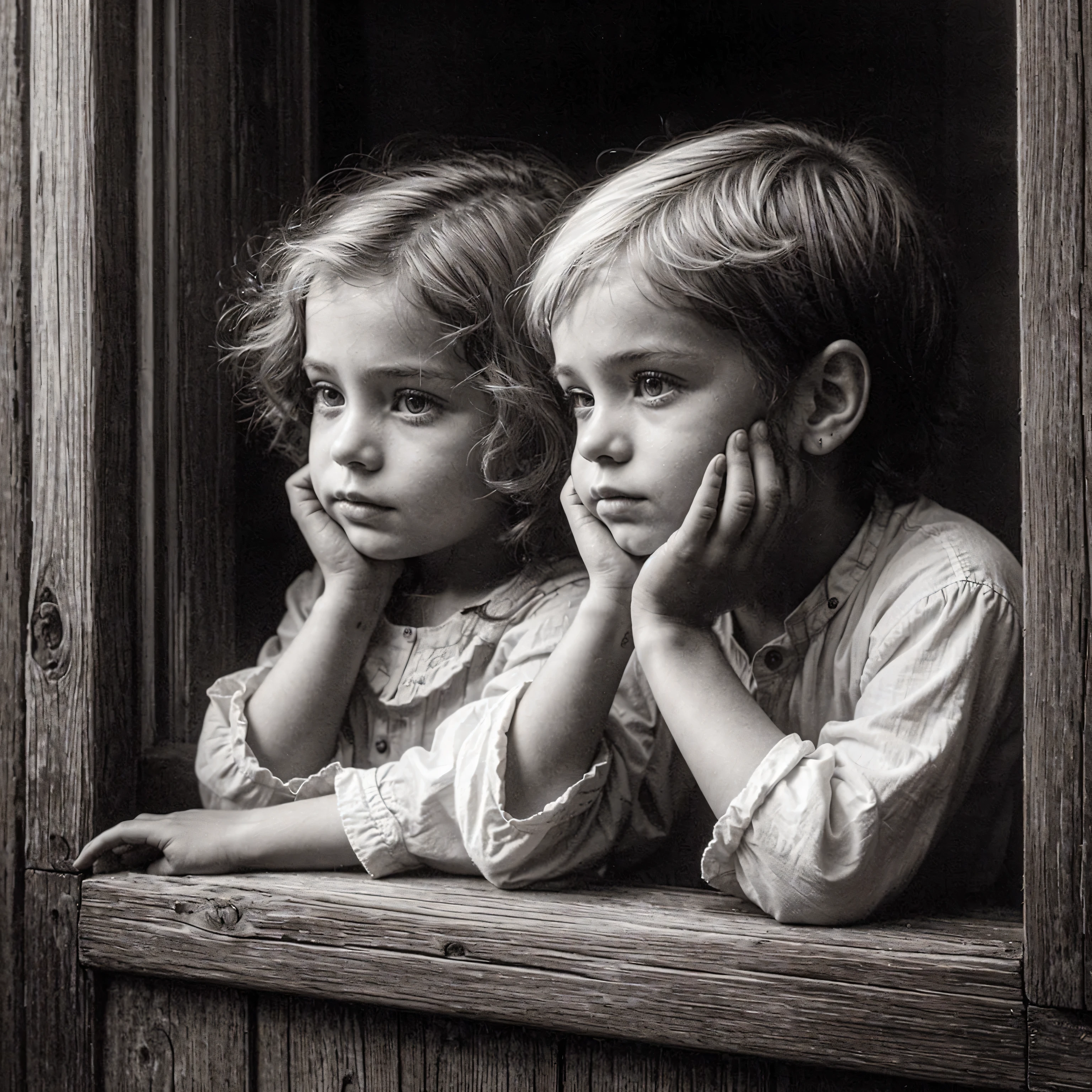 1920, two pensive children look through a wooden window, hyperrealism, white and black