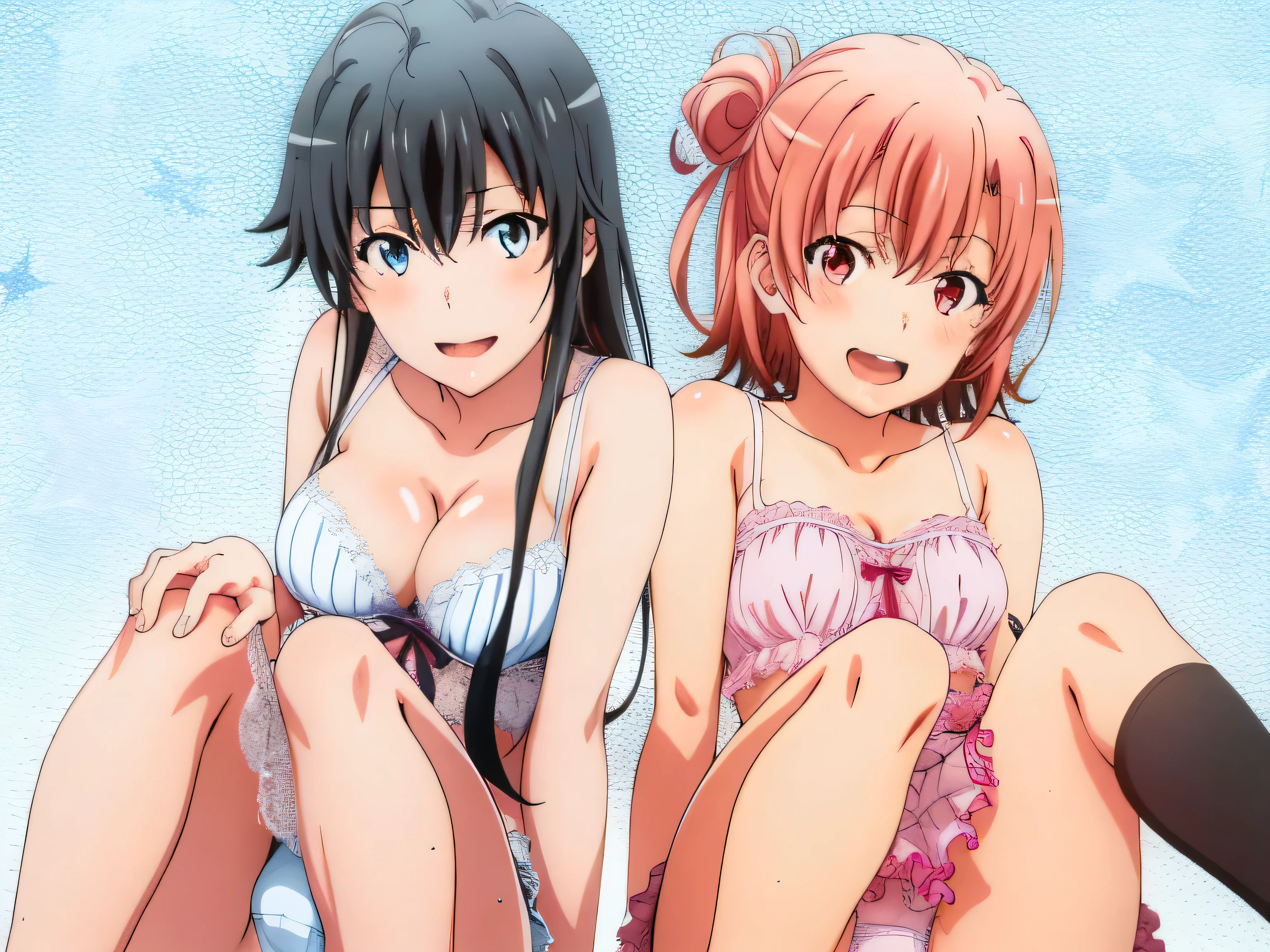 2 girls , Yukinoshita Yukino , yuigahama yui&#39;bust and thighs are great,In underwear,,light pink panties,white panties,thighs,knees,(high angle),(beautiful eyes),open mouth smile,Insert your head