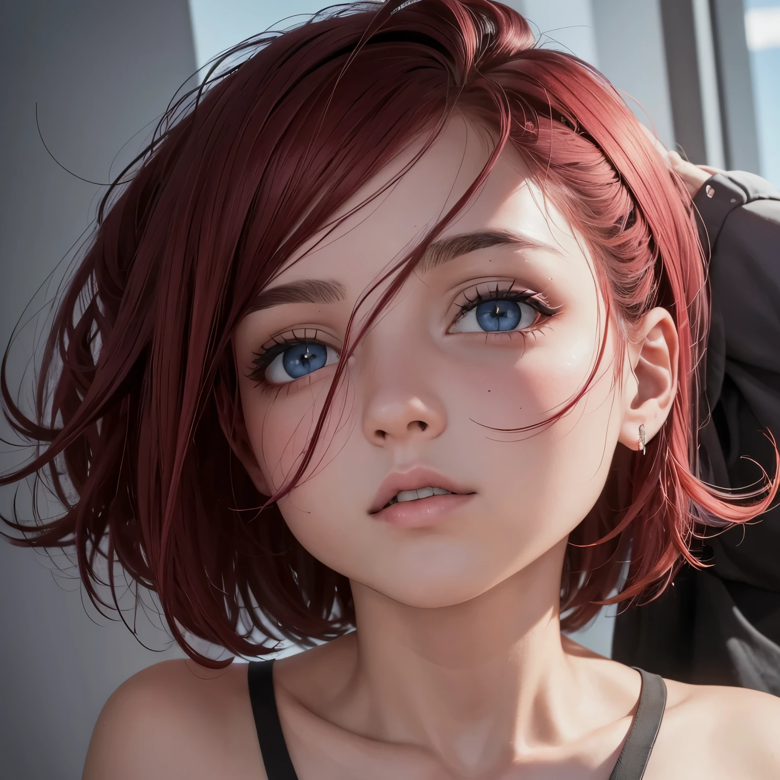 rosto tenebroso, cabelo assustador, cabelo vermelho, olhos cristalinos, segurando uma faca, estilosa, sentada em uma varanda
