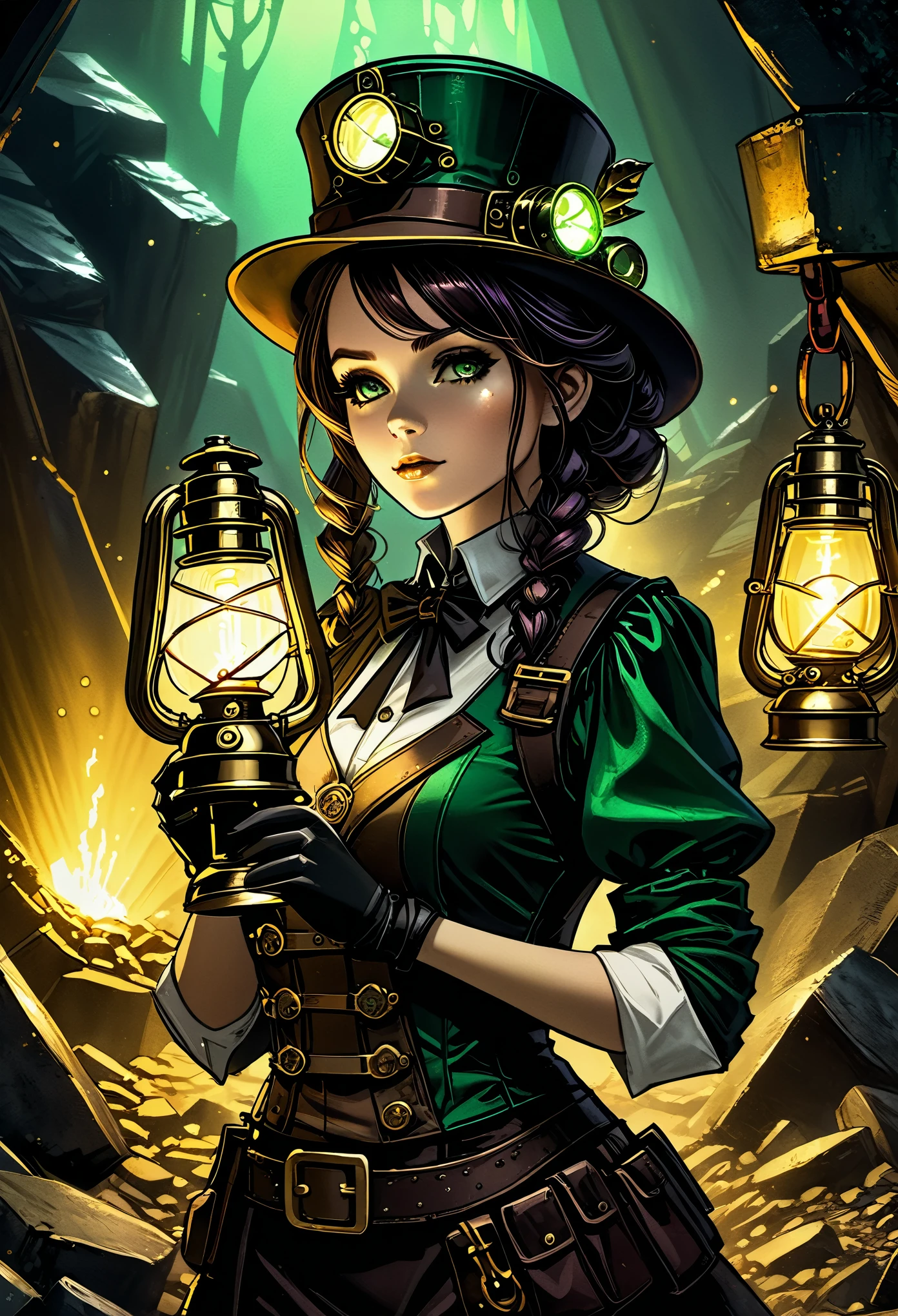 (gothic steampunk:1.2), character concept art, broken, depicting a miner girl with a miner's hat, carrying a gas lamp emitting a flickering deep green light, illuminating a vast mining background revealing gold mines, holding a mining pickaxe. (best quality,4k,8k,highres,masterpiece:1.2), ultra-detailed, (realistic,photorealistic,photo-realistic:1.37), portraits, dark color palette, ambient lighting.