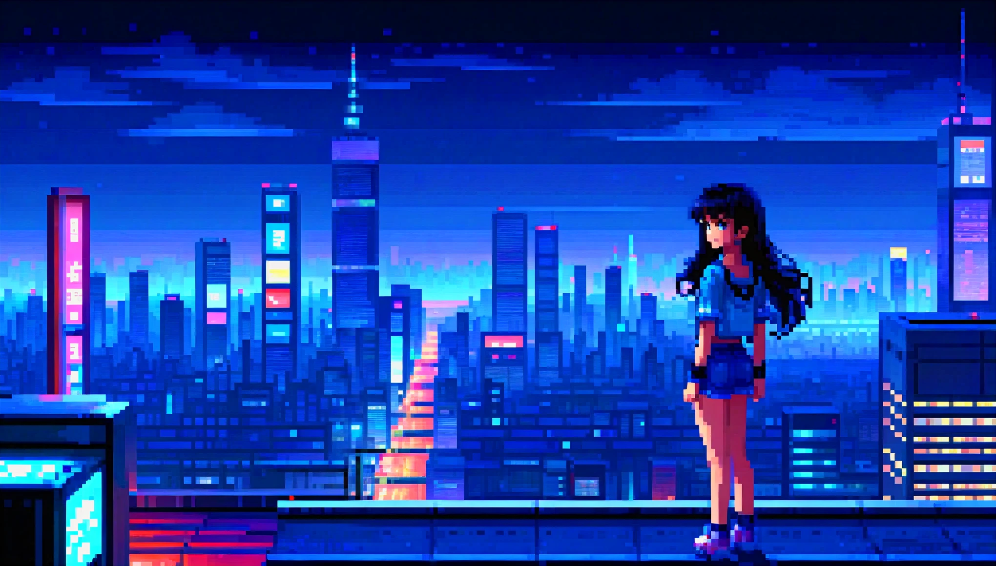 pixel, 16 bit style, pixel art, nintendo game scene, cold colors, blue,in the background tokio at night, sky scrapers, skyline, modern, colorful lights, night in tokio, dark, in the foreground 1girl, full body, latina with long black hair and bangs, dark eyes, depth of image