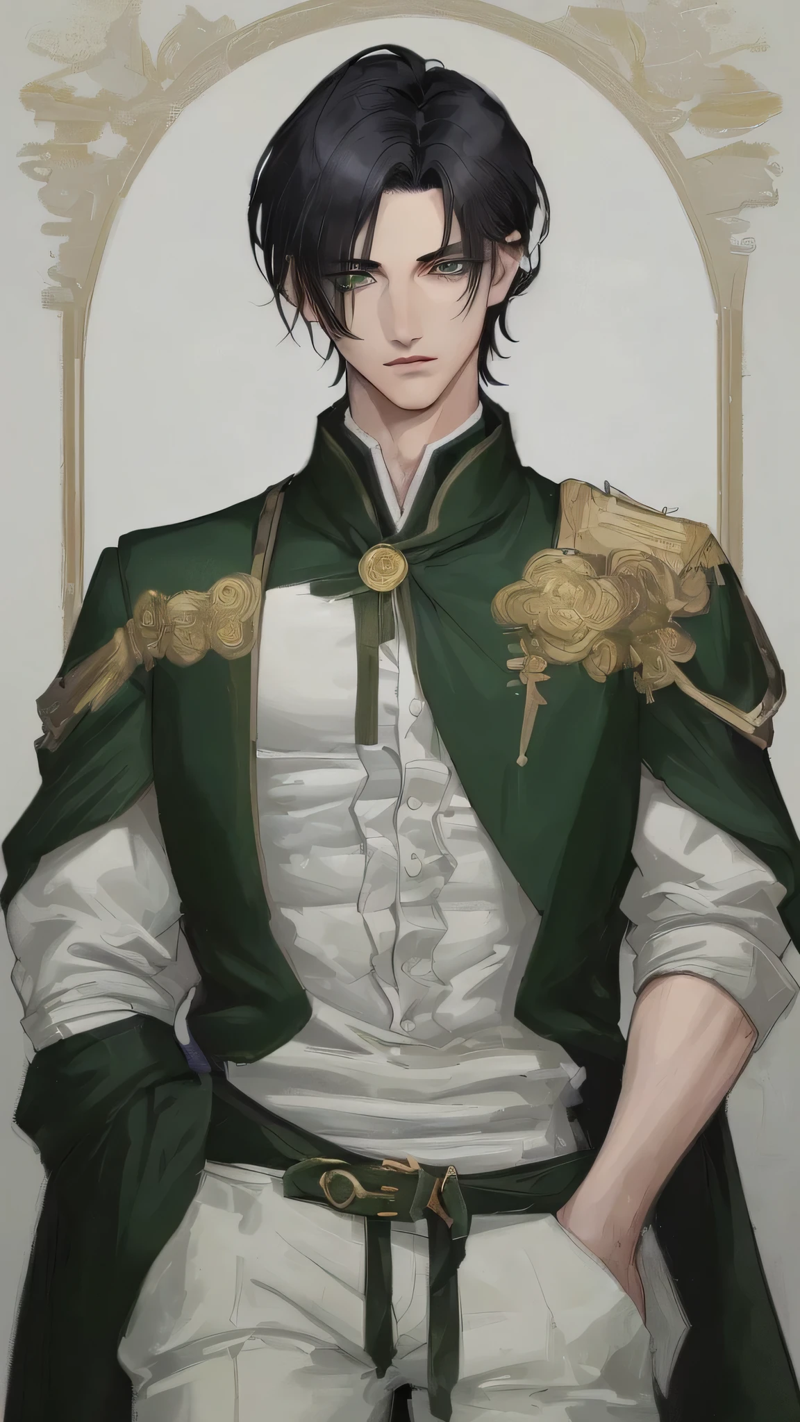 Mattias, Perfect painting on canvas, Top quality, very high resolution, good looking 1 male, long nose, short hair, black hair color, evening green eye color, middle parted hairstyle, firm gaze, perfect face, Good looking, handsome, not too muscular, mature face.