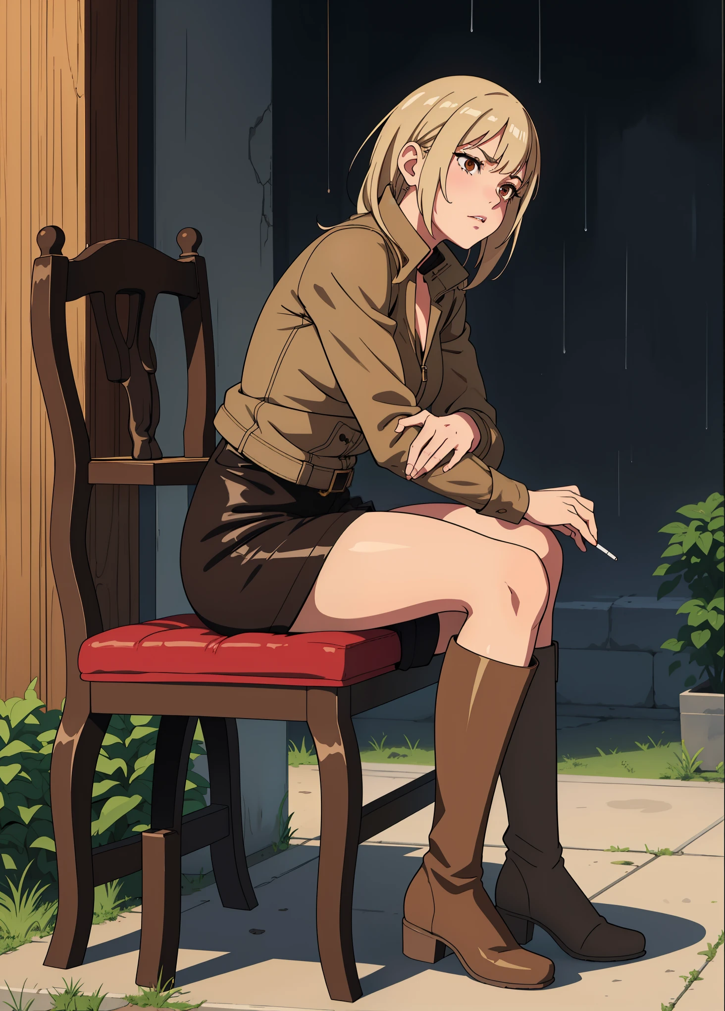Arafe sat on a chair with his legs crossed.,stepping on a cigarette, butts,look down,Bad mood、Wearing Brown boots, high boots, Brown:-2, shiny riding boots, heavy rain, wearing boots, huge boots, Brownのブーツ, ニーhigh boots, Knee-high boots, Also, she wears boots,boots sole,ニーhigh boots, Sunny, [ realistic pictures ]!!, Kano)
