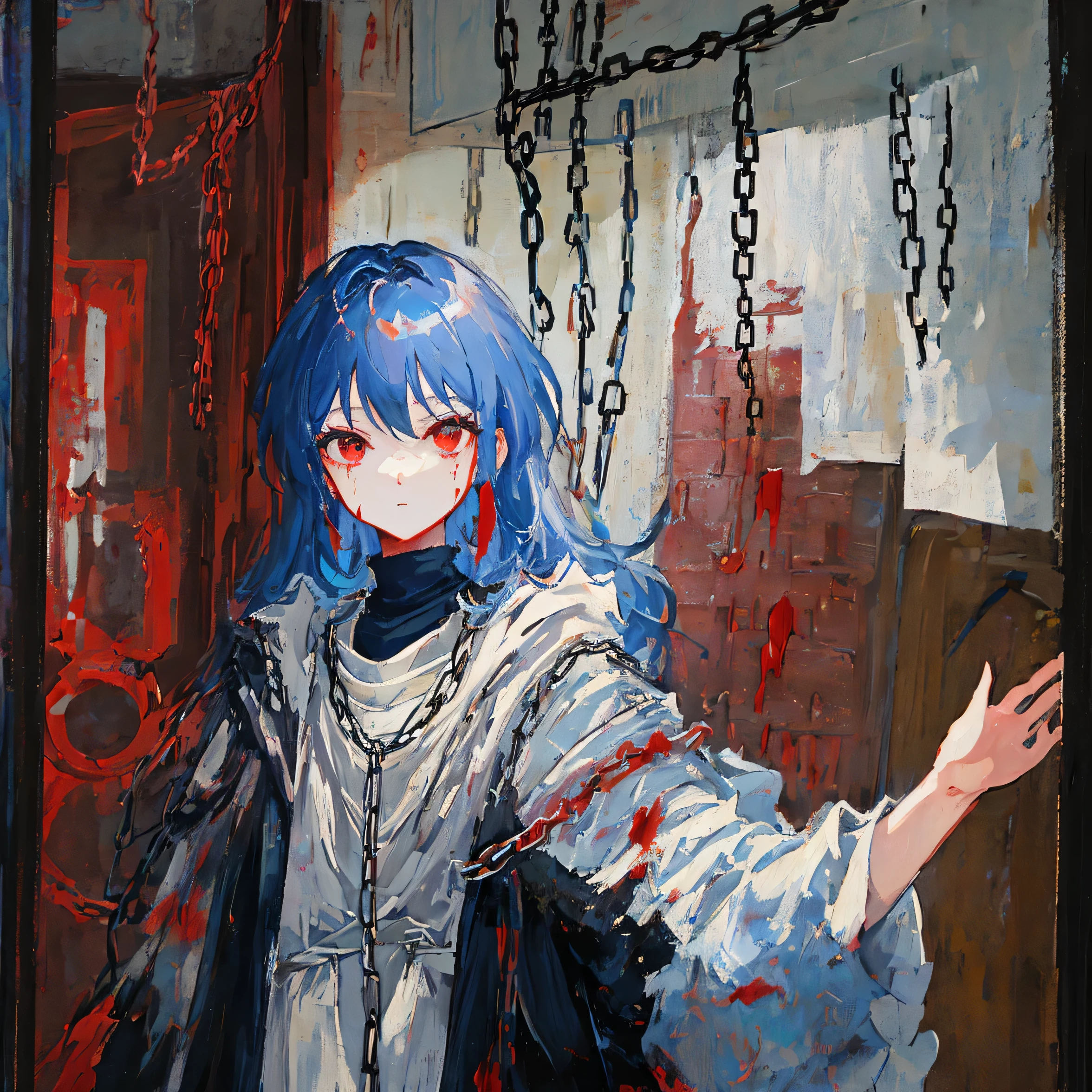 chef-d&#39;artwork, 1 fille, haut du corps, regarde le spectateur, deux tableaux, To L&#39;interior, les yeux rouges, sang, Cheveux bleu layette, chains , beaucoup de détails