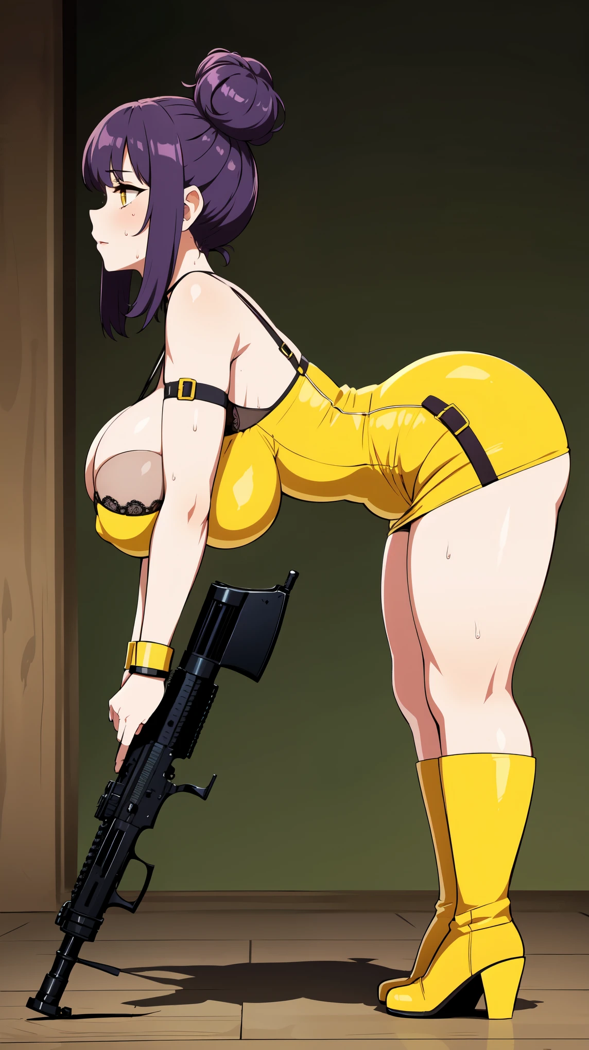 Slime girl, (slime), Slime hair Double buns hair style, Pumpkin Orange, weapon belt, Masterpiece, Best Quality, gigantic breasts, slime girl, slime girl, purple hair, lavender hair, yellow clothes, weapon belt around waistline, rifle, long rifle, AR-15 Rifle, assault rifle, exposed yellow bra, yellow clothing, wearing yellow clothing, fully body view, tight yellow dress, Rifle in hand, mature woman, gorgeous, perverted, sexy, yellow dress, exposed chest, exposed bra, exposed breast, black boots/heels, gold bracelets around wrist, holding rifle, aiming with rifle, tactical stance, tactical gear, sweaty body, long legs, tall woman, lustful yellow eyes, yellow lingerie , Slime girl, (slime), Slime hair Double buns hair style, Pumpkin Orange, weapon belt, Masterpiece, Best Quality, gigantic breasts, slime girl, slime girl, purple hair, lavender hair, yellow clothes, weapon belt around waistline, rifle, long rifle, AR-15 Rifle, assault rifle, exposed yellow bra, yellow clothing, wearing yellow clothing, fully body view, tight yellow dress, Rifle in hand, mature woman, gorgeous, perverted, sexy, yellow dress, exposed chest, exposed bra, exposed breast, black boots/heels, gold bracelets around wrist, holding rifle, aiming with rifle, tactical stance, tactical gear, sweaty body, long legs, tall woman, lustful yellow eyes, yellow lingerie, mature body, mature face, dark purple hair color, purple hair, bending down, bent over, crouching