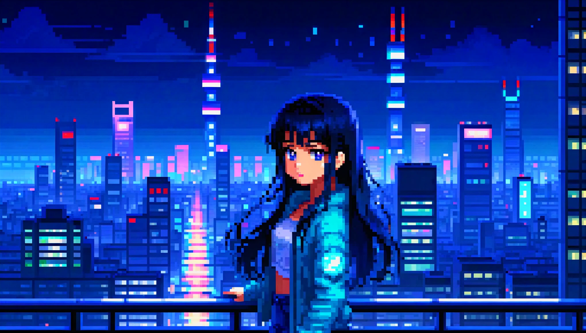 pixel, 16 bit style, pixel art, nintendo game scene, cold colors, blue,in the background tokio at night, sky scrapers, skyline, modern, colorful lights, night in tokio, dark, in the foreground 1girl, full body, latina with long black hair and bangs, dark eyes, depth of image