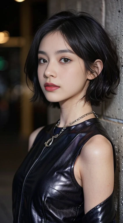 (1girll:1.3),Single,__Body parts__, Official art, 8k module background, Very detailed, Close-up of the face, Beautiful and aesthetic, Beautiful, Masterpiece, Best quality, Great atmosphere, Soothing plaque, calm temperament;, Soft shading, Priestess Miko, Glitter spell, Family talisman, Duties of the priestess, Dark aesthetic, Jumpsuits and ties,Black leather pants,There are many chains and black leather jackets around the body, Tokyo in the background, (Short messy purple hair),
