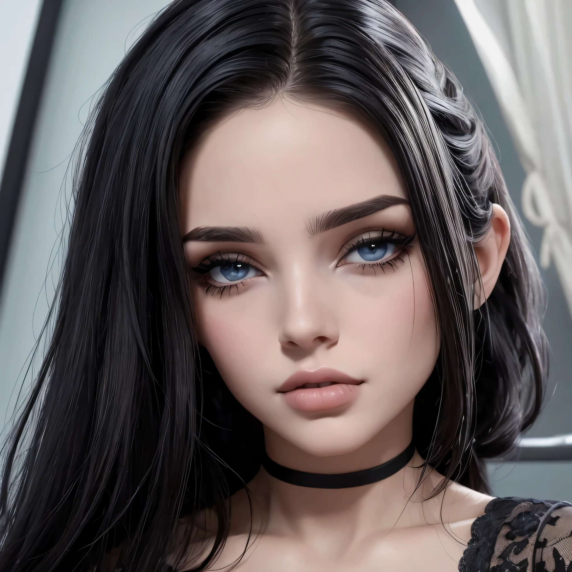 Curvy blue eyed girl with long wavy black hair and small breasts, (extreme nsfw)2.5