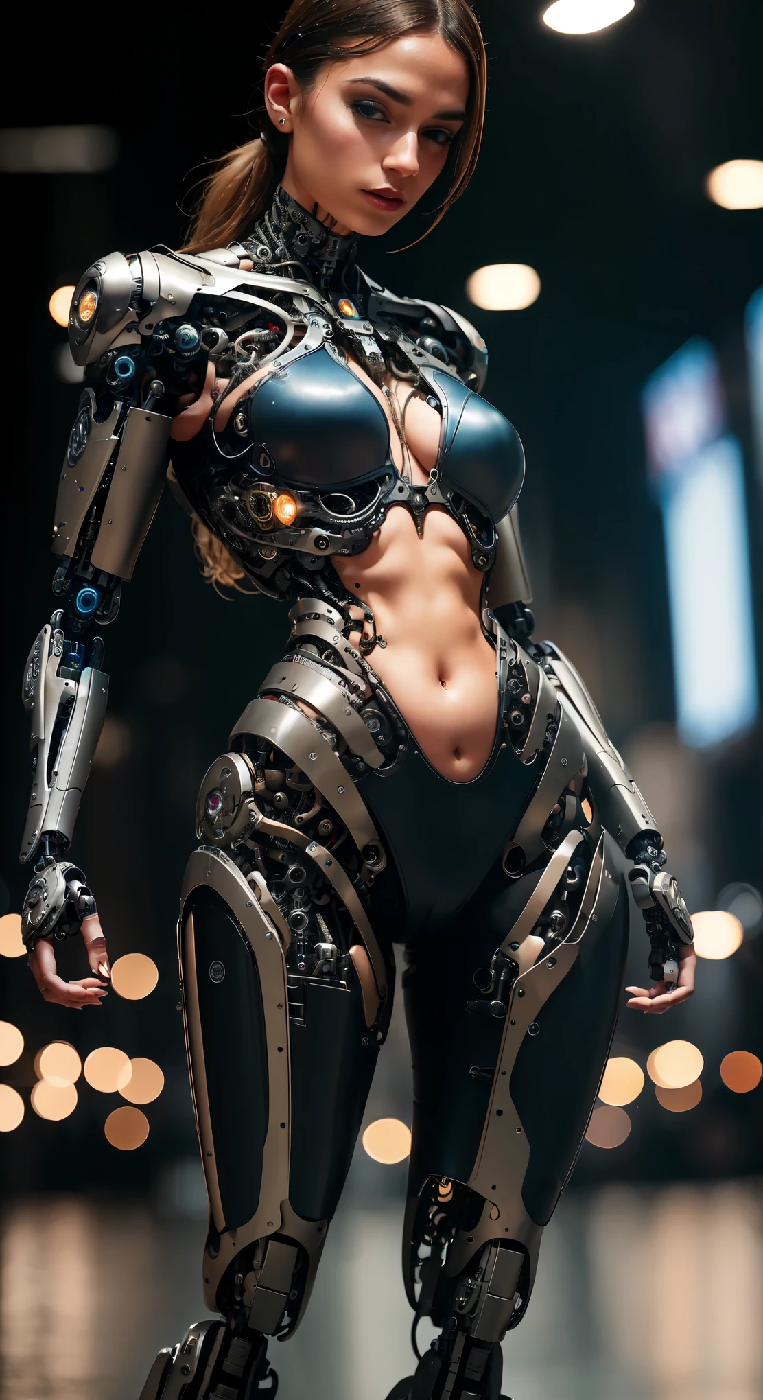 Female cyborg private reception in the big city, defile show, high quality, best quality, absurdres, masterpiece, beautiful, intricate details, 1/2 body crop, slim body, beautiful figure, magnificent anatomy, (intricate details:1.12), HDR, (intricate details, hyper-detailing:1.15), (natural skin textures, hyper realisitc, soft light, Sharp:1.2)