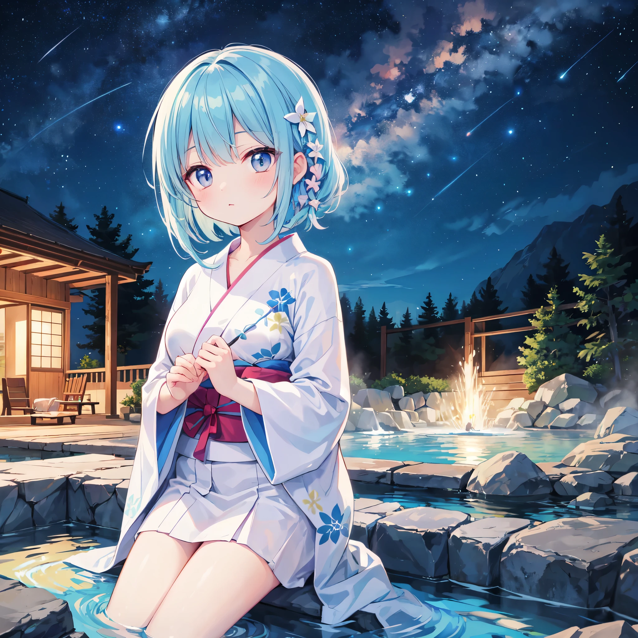 （masterpiece）、(highest quality)、((Super detailed))、(super delicate)、pastel colored hair、beautiful breasts、yukata、Hot spring at night、fantastic starry sky