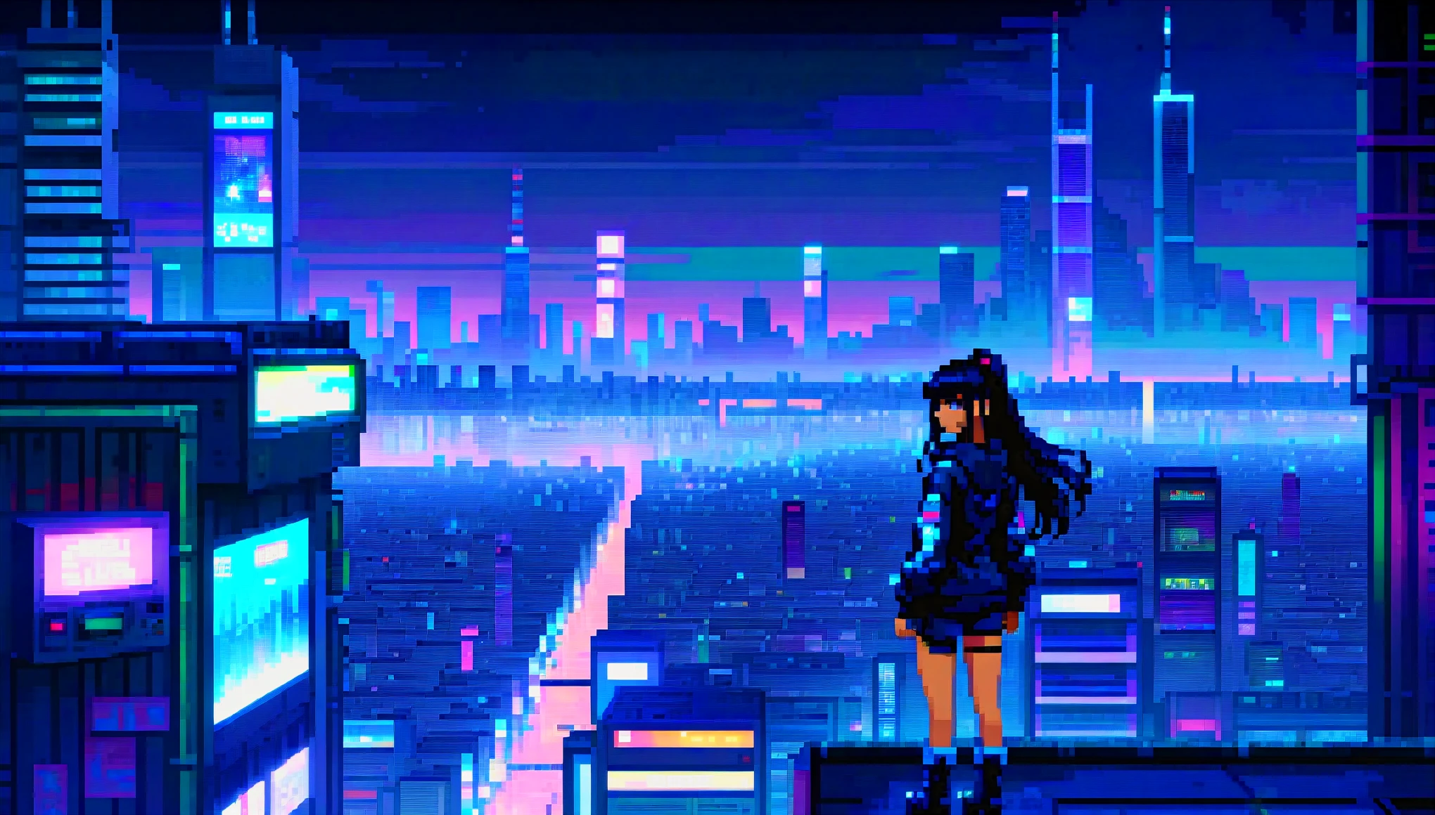 pixel, 16 bit style, pixel art, nintendo game scene, cyberpunk style, cold colors, blue,in the background tokio at night, sky scrapers, skyline, modern, colorful lights, night in tokio, dark, in the foreground 1girl, full body, latina with long black hair and bangs, black eyes, brown eyes, depth of image