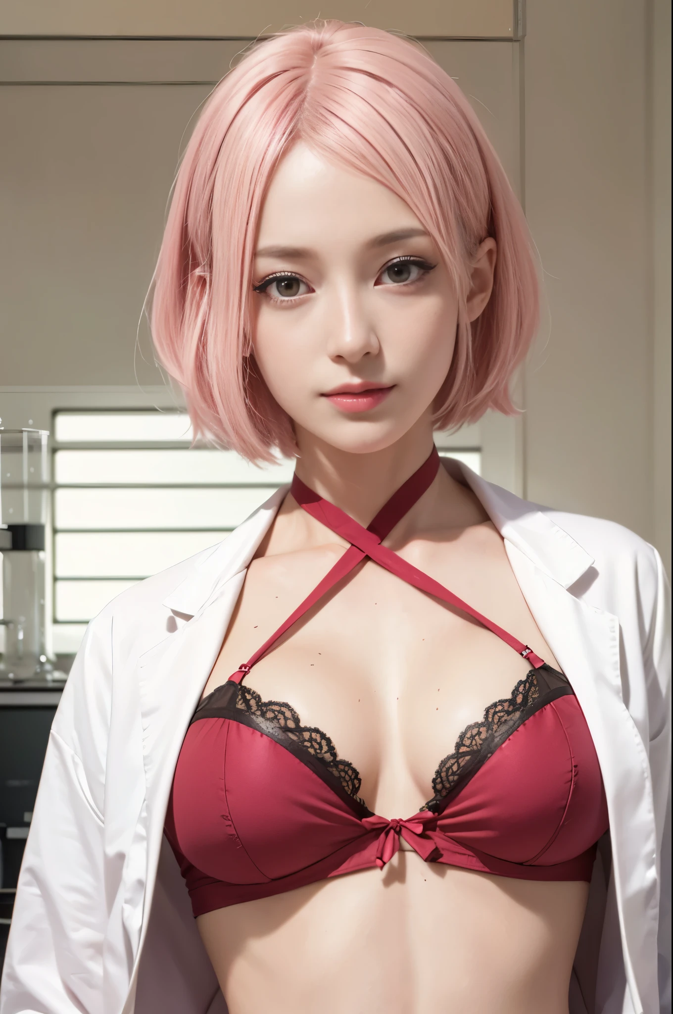 masterpiece, best quality, (realistic,photo-realistic:1.4), (RAW photo:1.2), extremely detailed CG unity 8k wallpaper, delicate and beautiful, amazing,finely detail, official art, absurdres, incredibly absurdres, huge filesize, ultra-detailed,extremely detailed eyes and face,light on face,(little smile),sakura haruno,(pink hair:1.4),(short hair:1.6),(wearing lingerie:1.4),(laboratory background:1.4)night,white laboratory coat