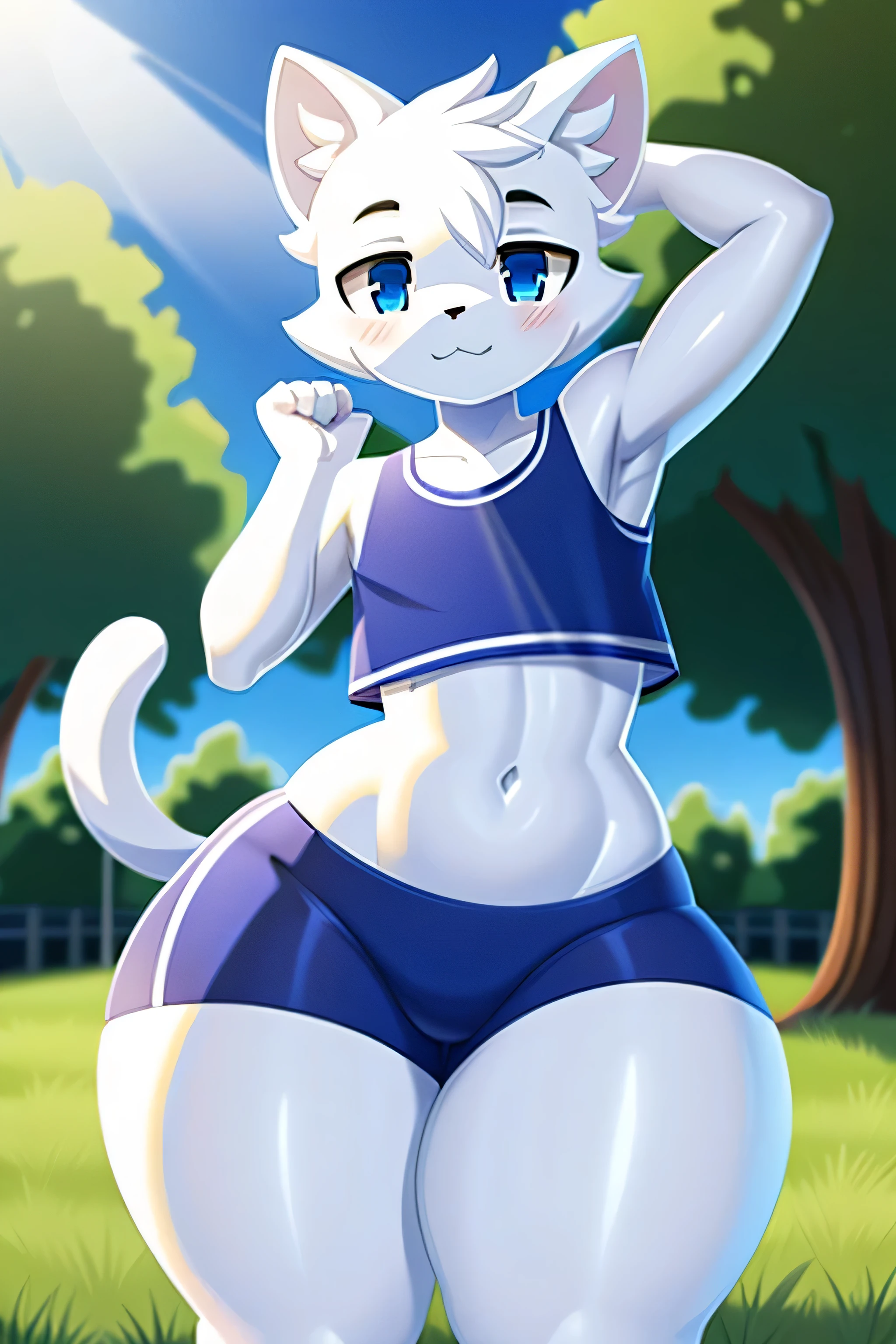 (masterpiece), high resolution, boykisser, boy, white fur, feline, (very thick thighs), (very wide hips), crop top, short spandex shorts, outside, park, lubricated skin, reflective skin, short, small, reflective body
